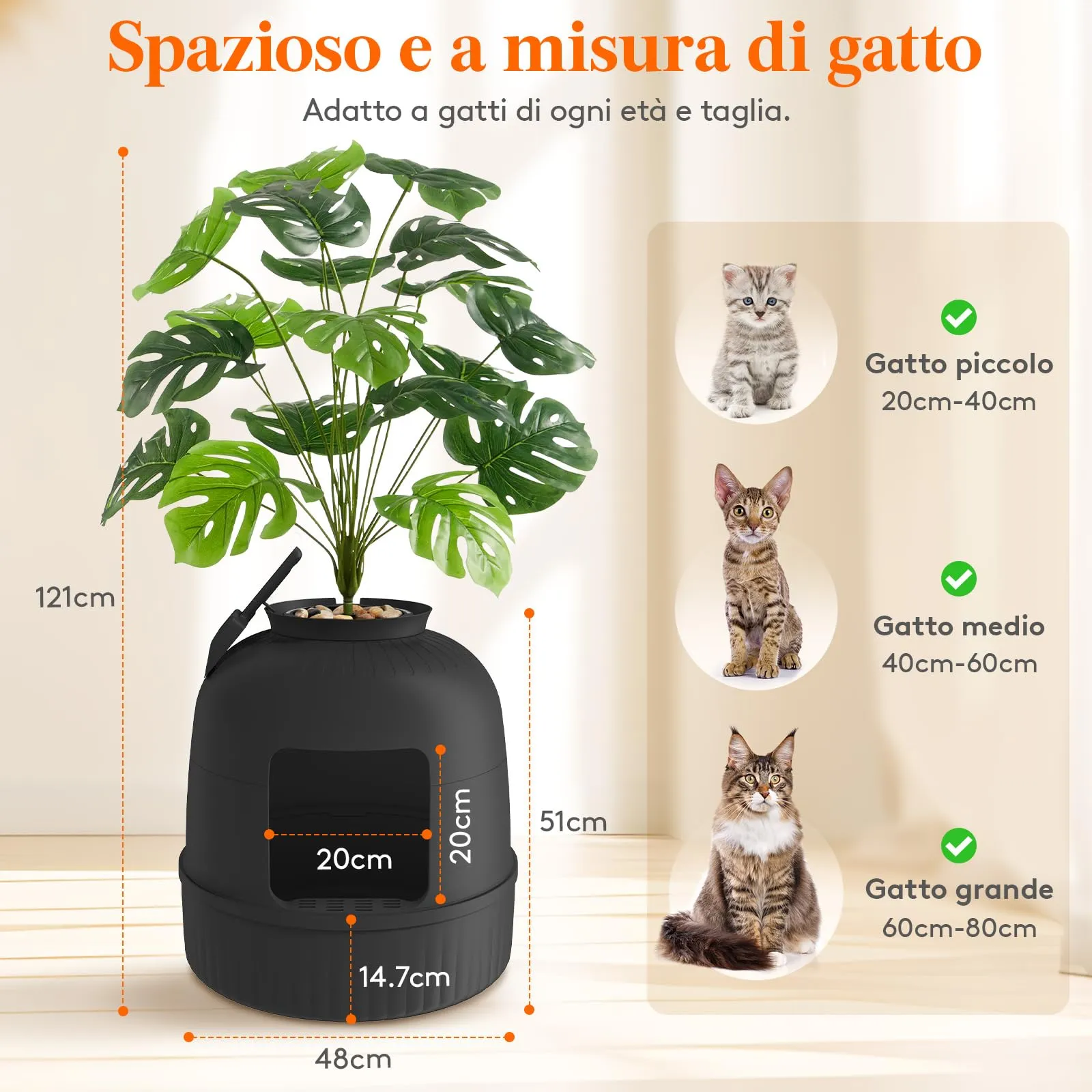 Lifewit Lettiera Gatto con Deodorante e Sensore a Infrarossi, Toilette per Gatti per Soggiorno, Camera da Letto e Angoli, Lettiera a Forma di Vaso con Pianta Finta e Paletta, 48 x 121 cm, Nera - immagine 4