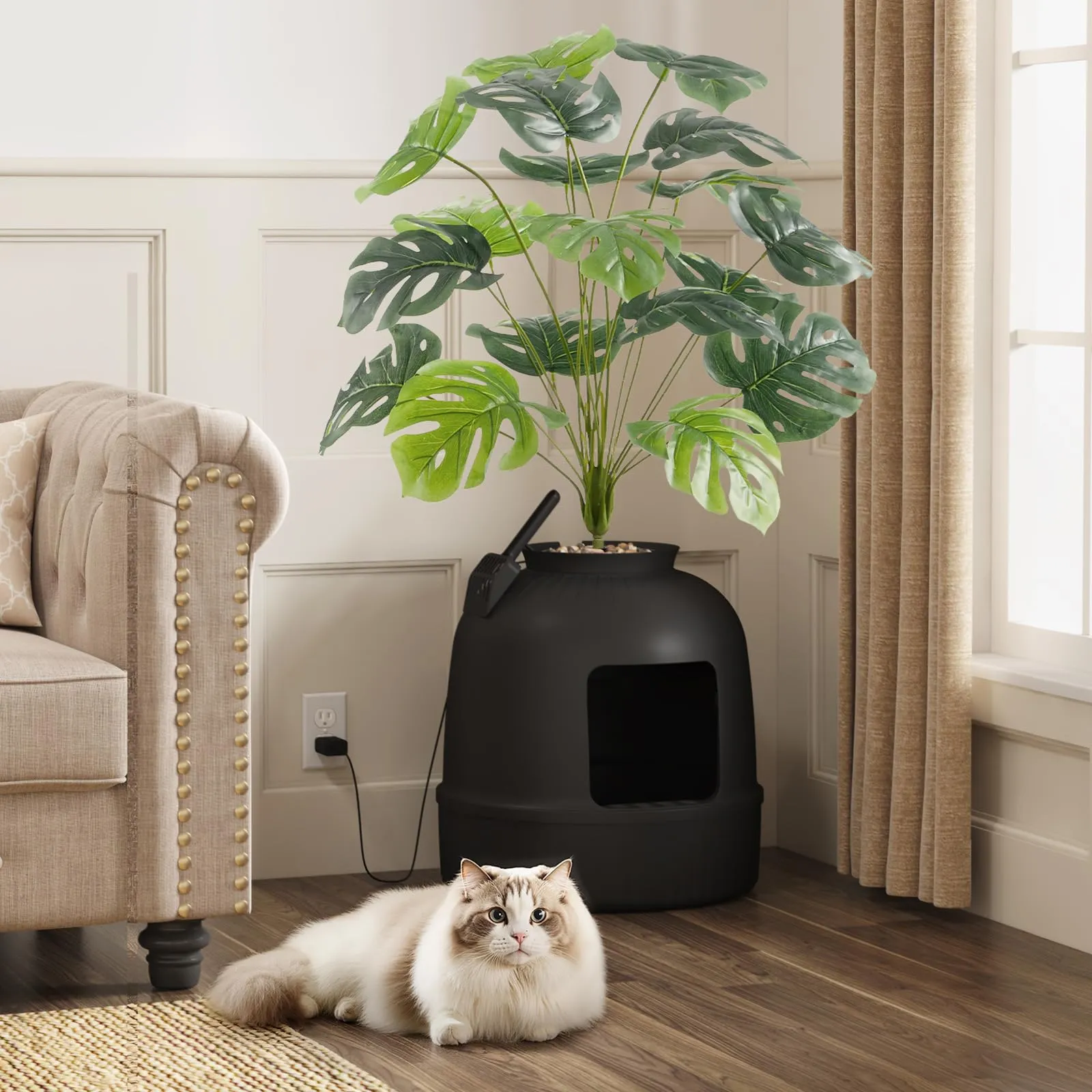 Lifewit Lettiera Gatto con Deodorante e Sensore a Infrarossi, Toilette per Gatti per Soggiorno, Camera da Letto e Angoli, Lettiera a Forma di Vaso con Pianta Finta e Paletta, 48 x 121 cm, Nera - immagine 5