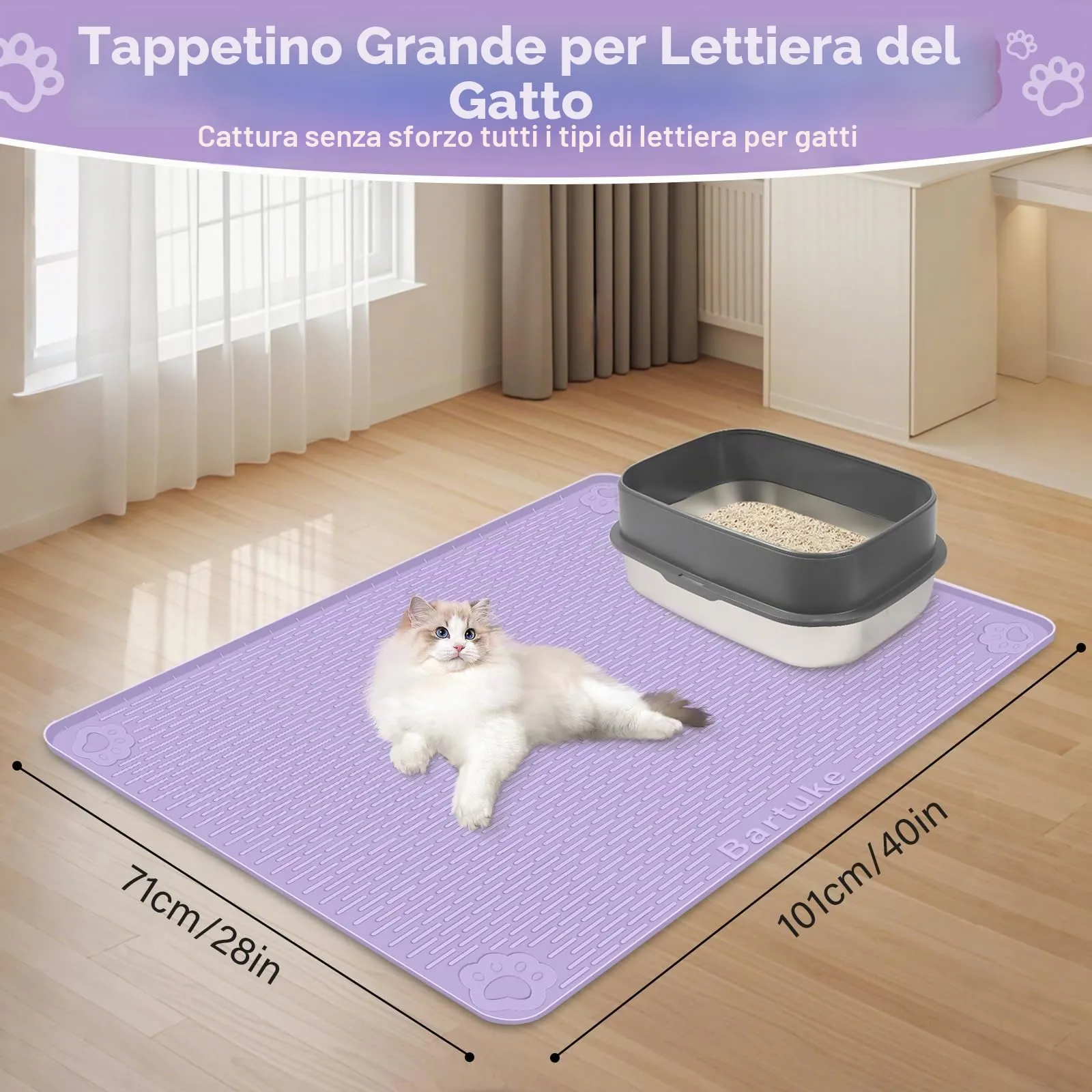 Bartuke Tappetino Lettiera Gatto, Tappetino per lettiera per Gatti in silicone extra large 40 "x 28" per il controllo a dispersione, morbido su zampe di gattino, facile da pulire (Viola) - immagine 2
