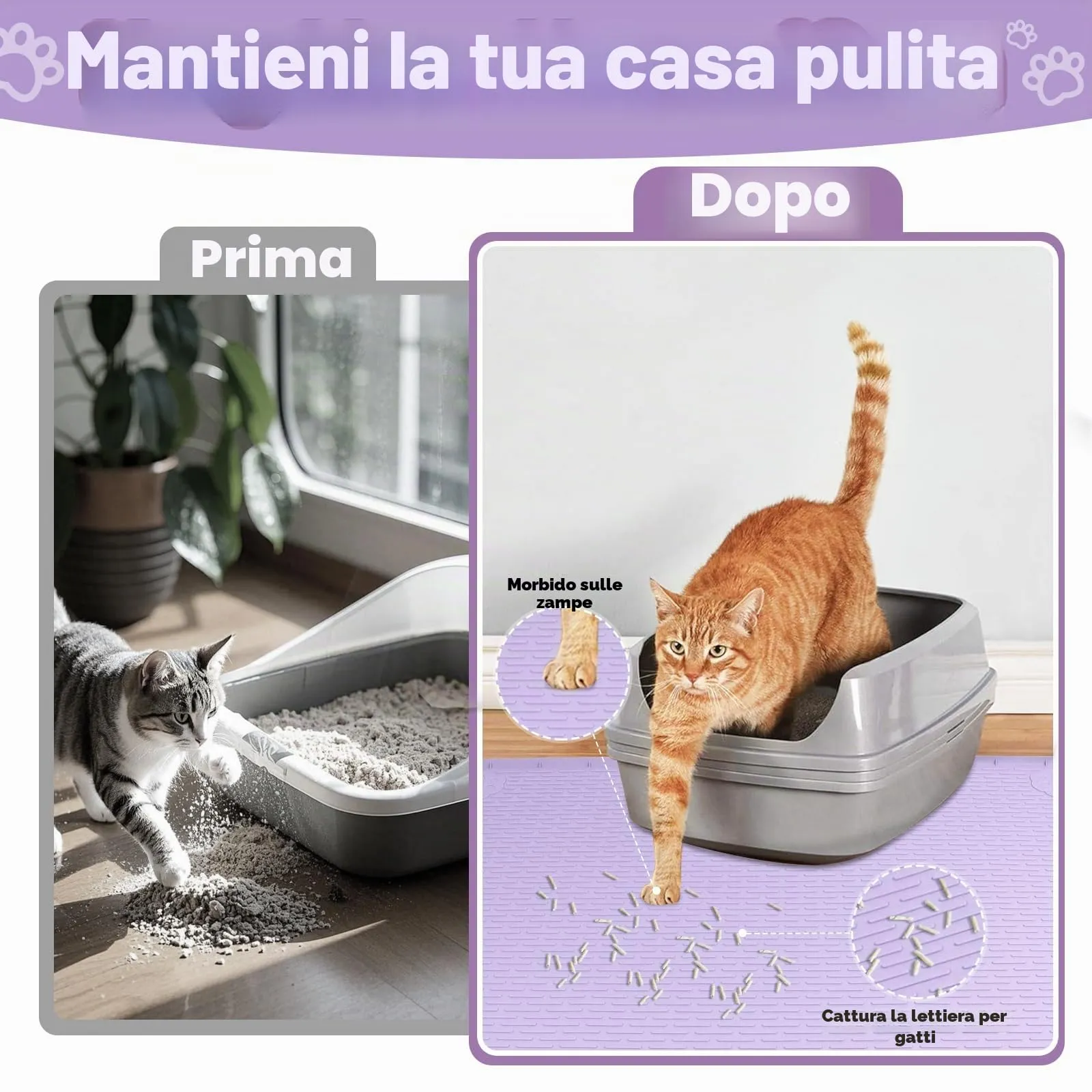 Bartuke Tappetino Lettiera Gatto, Tappetino per lettiera per Gatti in silicone extra large 40 "x 28" per il controllo a dispersione, morbido su zampe di gattino, facile da pulire (Viola) - immagine 3