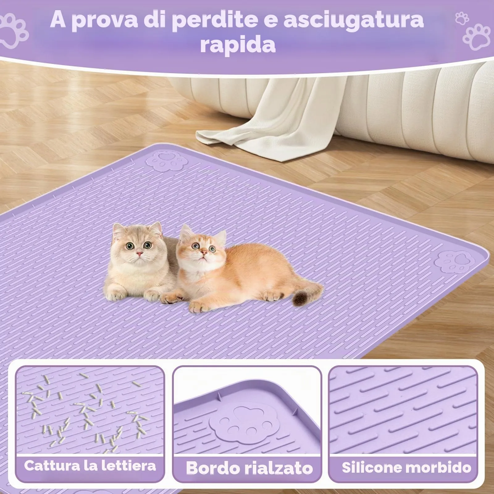 Bartuke Tappetino Lettiera Gatto, Tappetino per lettiera per Gatti in silicone extra large 40 "x 28" per il controllo a dispersione, morbido su zampe di gattino, facile da pulire (Viola) - immagine 4