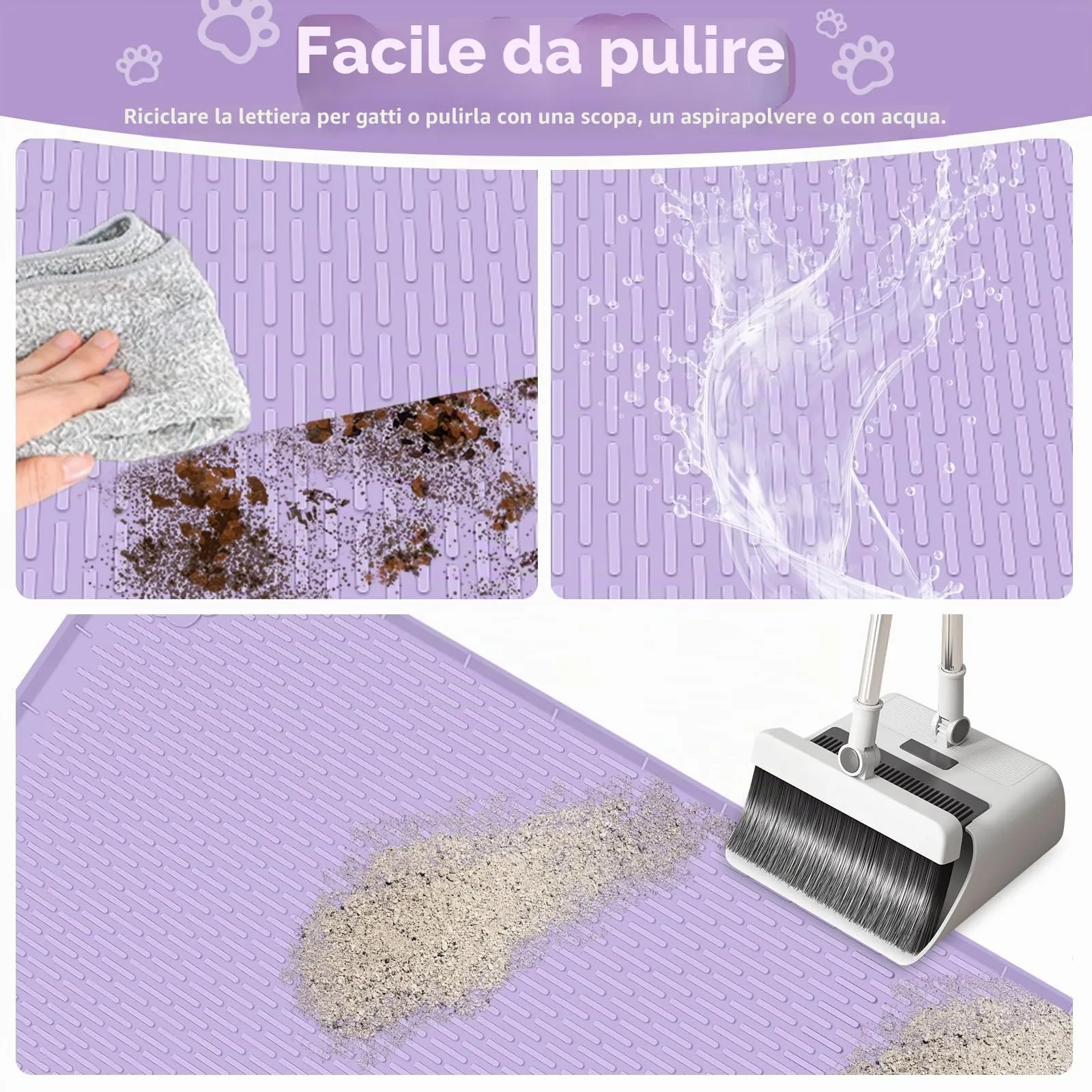 Bartuke Tappetino Lettiera Gatto, Tappetino per lettiera per Gatti in silicone extra large 40 "x 28" per il controllo a dispersione, morbido su zampe di gattino, facile da pulire (Viola) - immagine 5