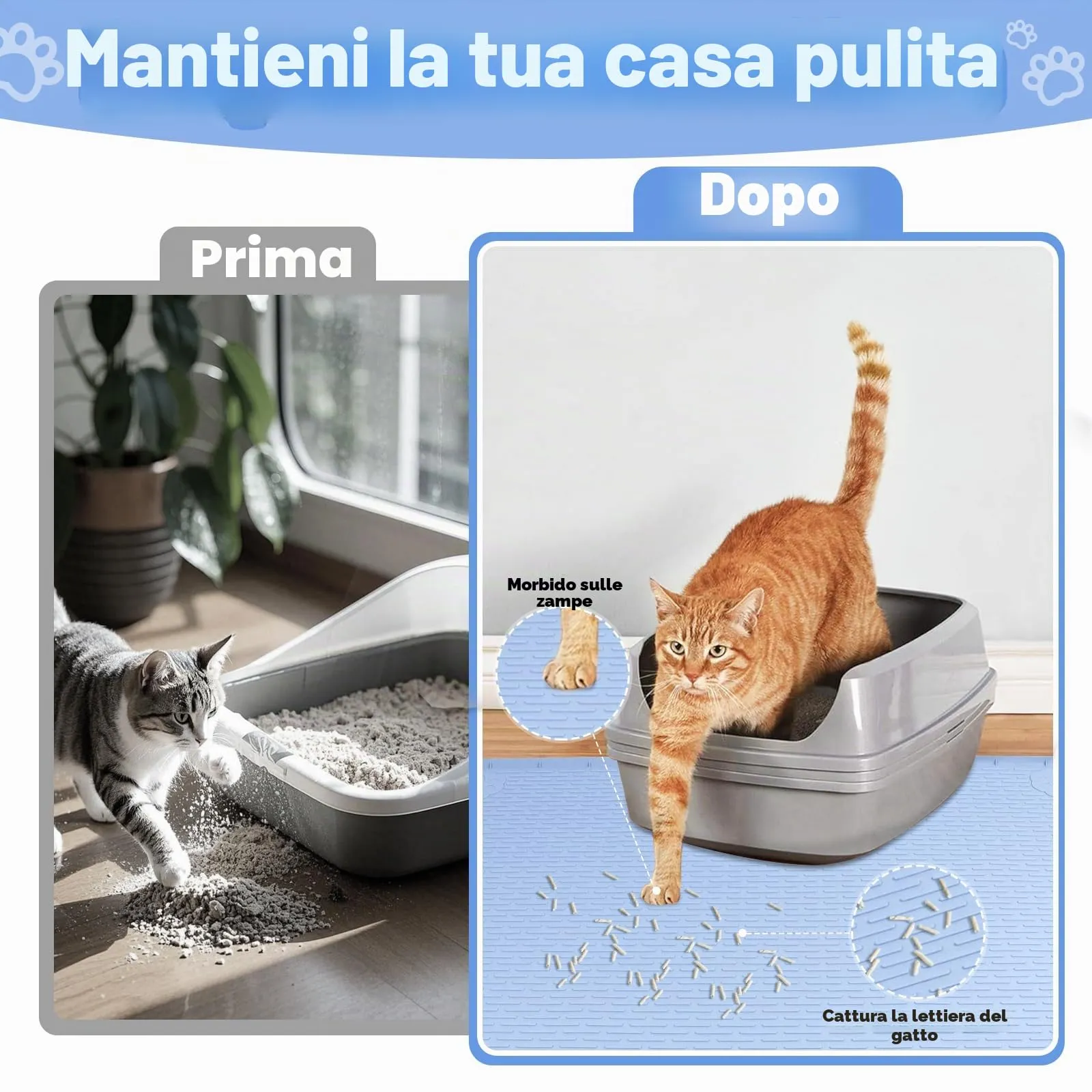 Bartuke Tappetino Lettiera Gatto, Tappetino per lettiera per Gatti in silicone extra large 40 "x 28" per il controllo a dispersione, morbido su zampe di gattino, facile da pulire (Blu) - immagine 3