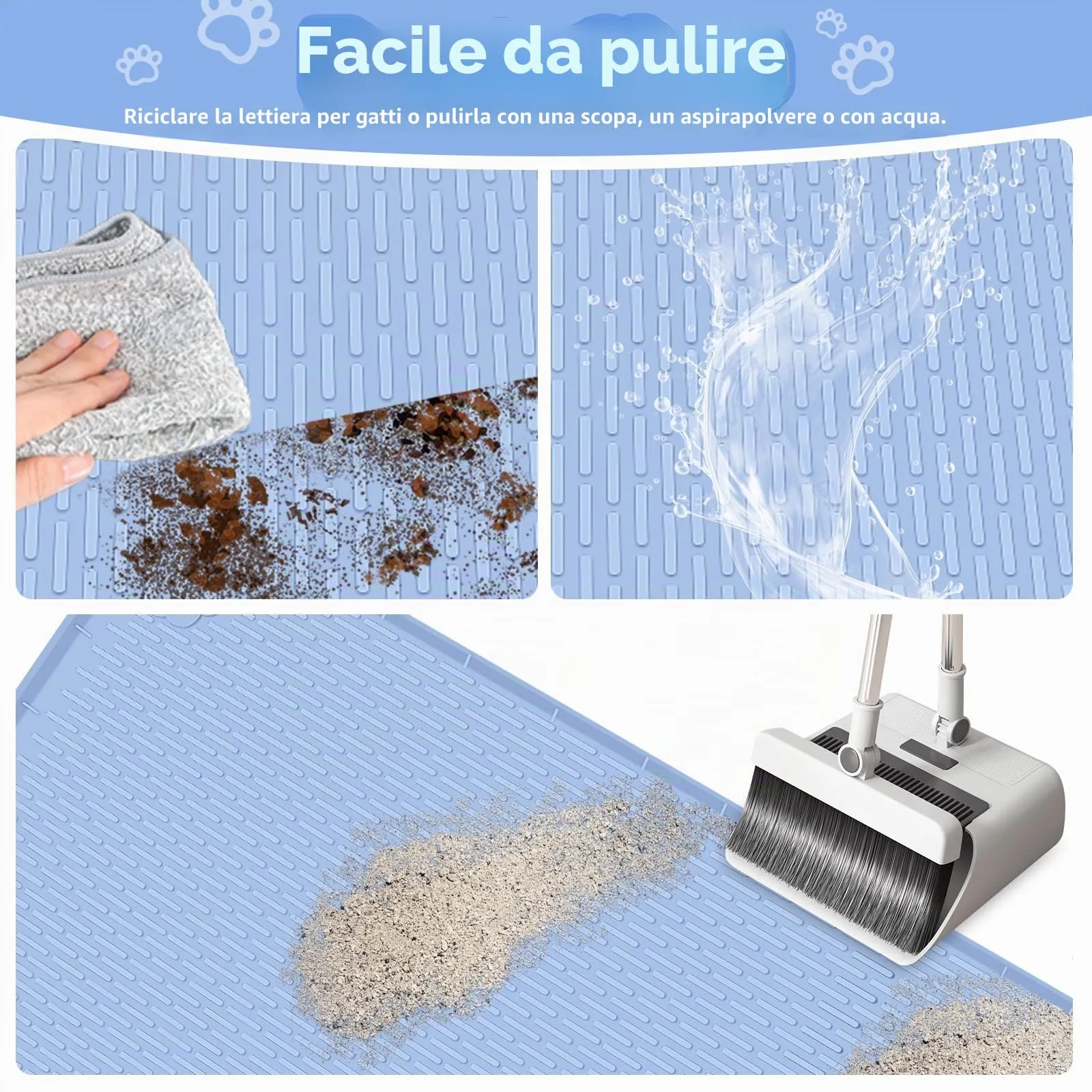 Bartuke Tappetino Lettiera Gatto, Tappetino per lettiera per Gatti in silicone extra large 40 "x 28" per il controllo a dispersione, morbido su zampe di gattino, facile da pulire (Blu) - immagine 5