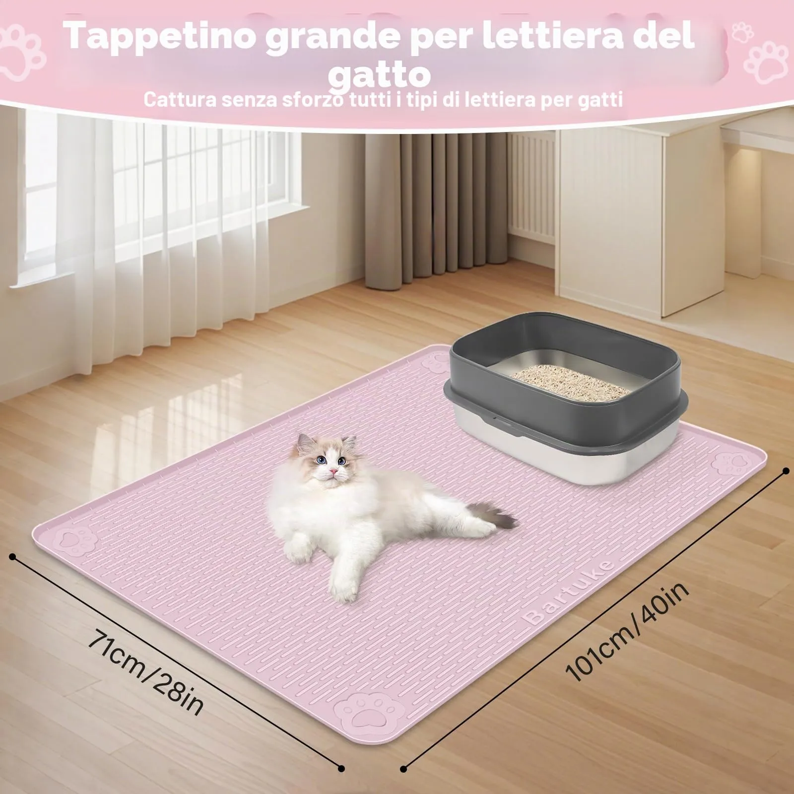 Bartuke Tappetino Lettiera Gatto, Tappetino per lettiera per Gatti in silicone extra large 40 "x 28" per il controllo a dispersione, morbido su zampe di gattino, facile da pulire (Rosa) - immagine 2