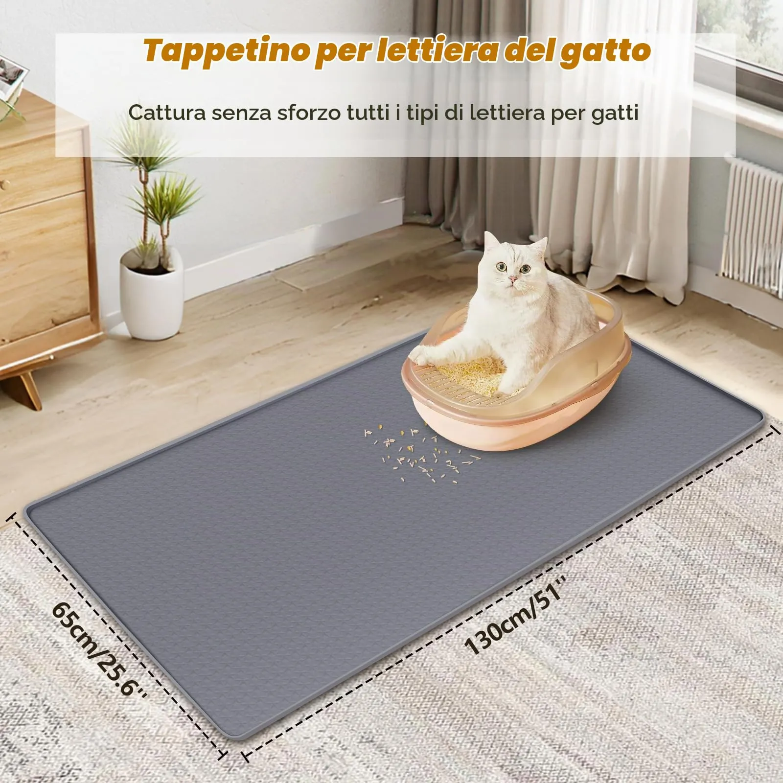 Bartuke Tappetino per lettiere per gatti, tappetino in silicone extra large da 51"x26" per il controllo della dispersione della lettiera, morbido per le zampe del micio, facile da pulire (Grigio) - immagine 2