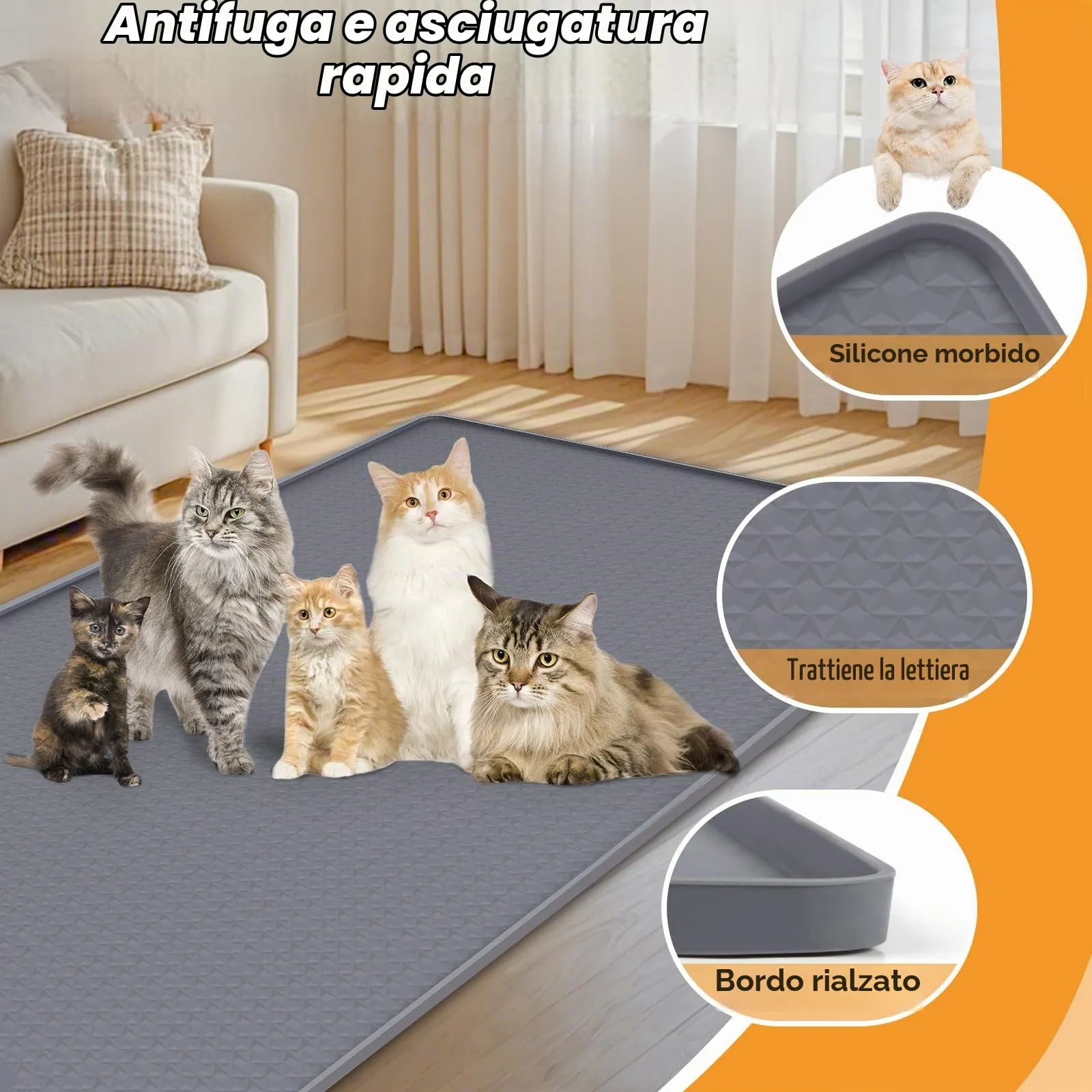 Bartuke Tappetino per lettiere per gatti, tappetino in silicone extra large da 51"x26" per il controllo della dispersione della lettiera, morbido per le zampe del micio, facile da pulire (Grigio) - immagine 3
