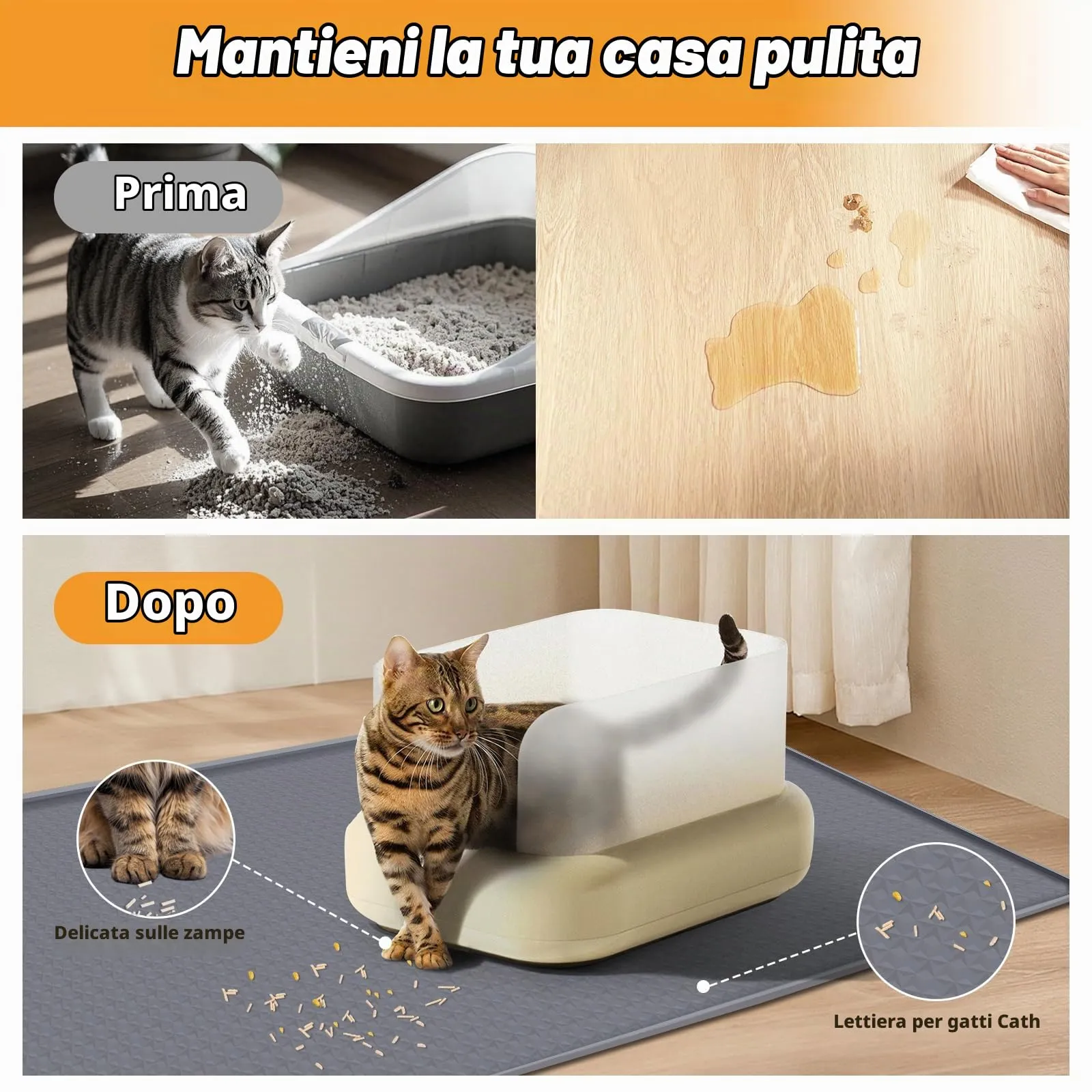 Bartuke Tappetino per lettiere per gatti, tappetino in silicone extra large da 51"x26" per il controllo della dispersione della lettiera, morbido per le zampe del micio, facile da pulire (Grigio) - immagine 4