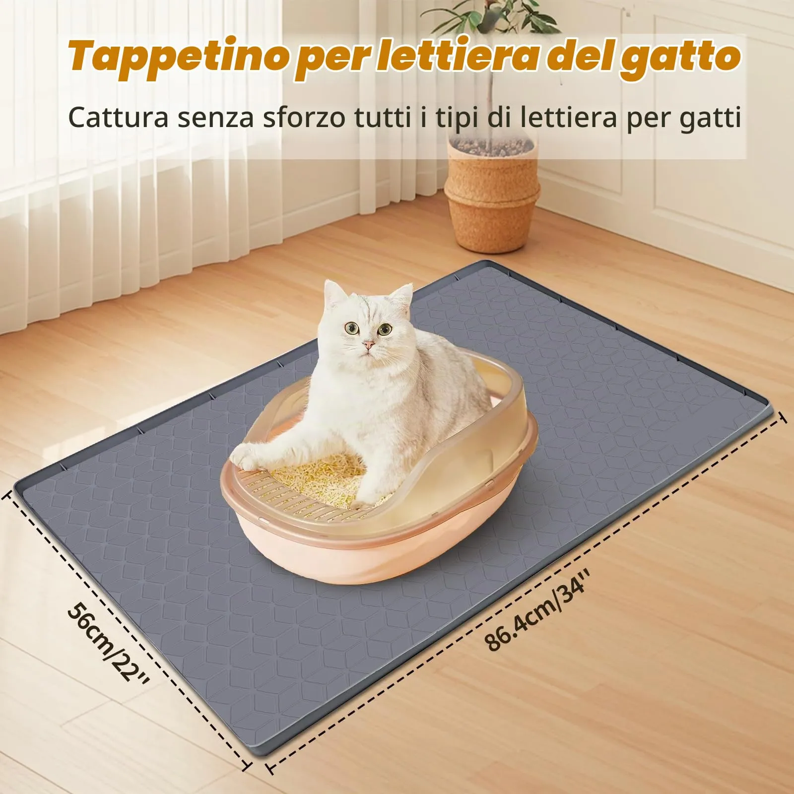 Bartuke Tappetino per lettiere per gatti, tappetino in silicone extra large da 34" x 22" per il controllo della dispersione della lettiera, morbido sulle zampe del gatto, facile da pulire (Grigio) - immagine 2