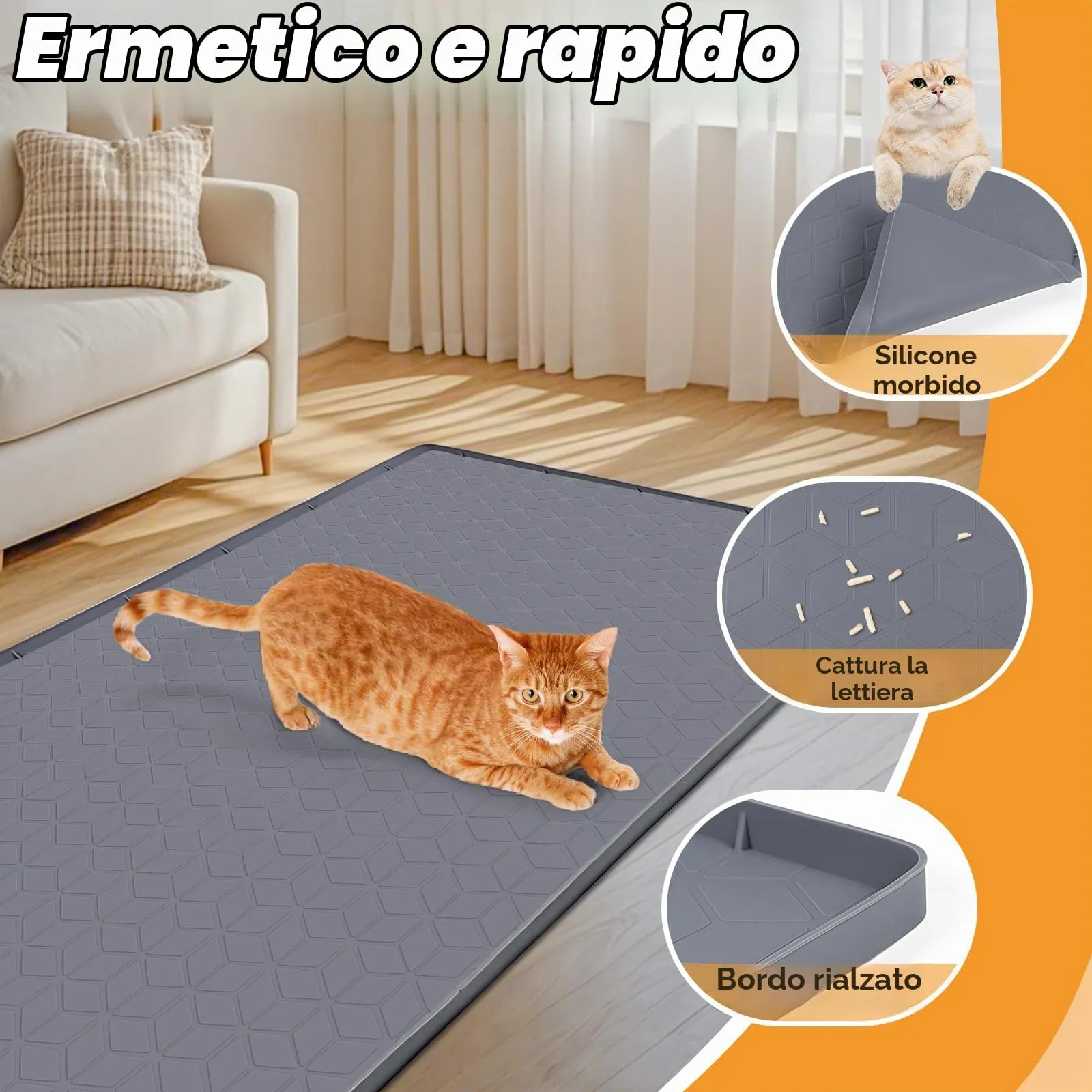 Bartuke Tappetino per lettiere per gatti, tappetino in silicone extra large da 34" x 22" per il controllo della dispersione della lettiera, morbido sulle zampe del gatto, facile da pulire (Grigio) - immagine 3