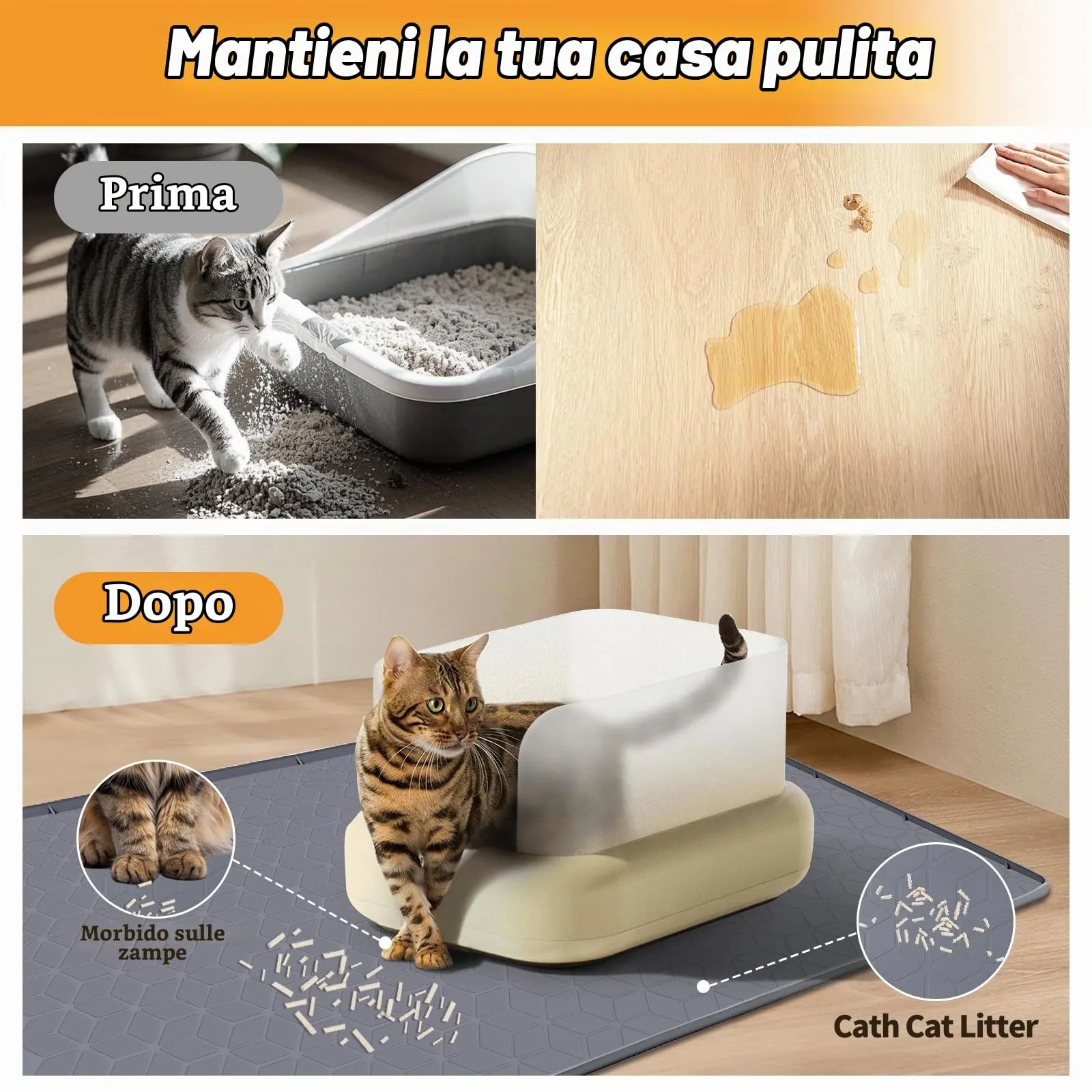 Bartuke Tappetino per lettiere per gatti, tappetino in silicone extra large da 34" x 22" per il controllo della dispersione della lettiera, morbido sulle zampe del gatto, facile da pulire (Grigio) - immagine 4