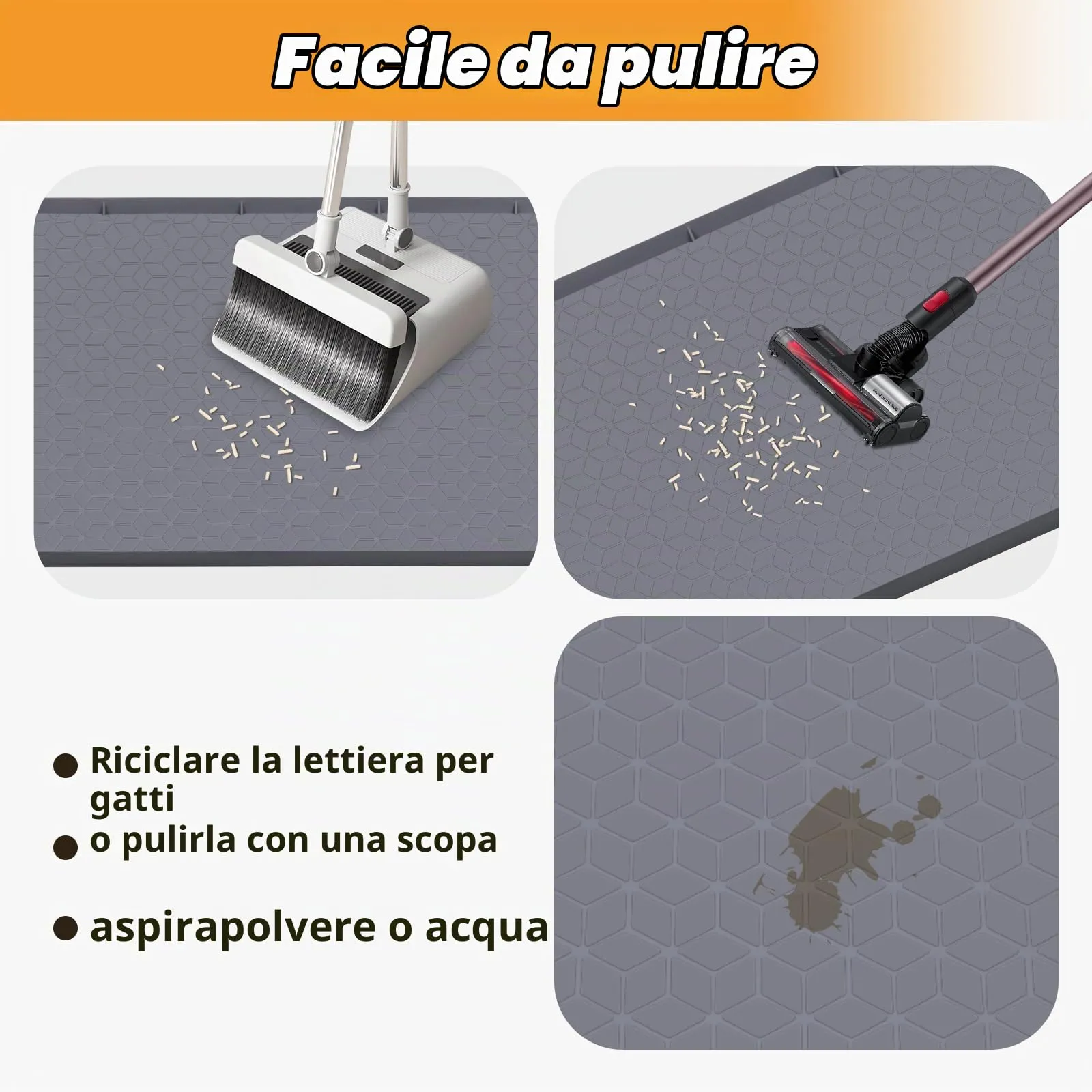 Bartuke Tappetino per lettiere per gatti, tappetino in silicone extra large da 34" x 22" per il controllo della dispersione della lettiera, morbido sulle zampe del gatto, facile da pulire (Grigio) - immagine 5