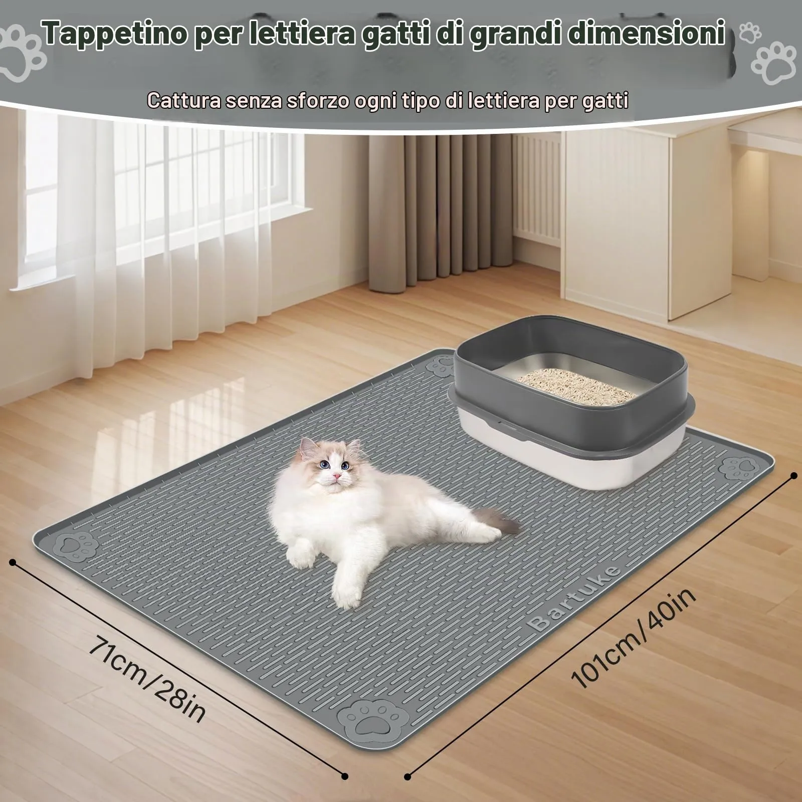 Bartuke Tappetino Lettiera Gatto, Tappetino per lettiera per Gatti in silicone extra large 40 "x 28" per il controllo a dispersione, morbido su zampe di gattino, facile da pulire (Grigio scuro) - immagine 2