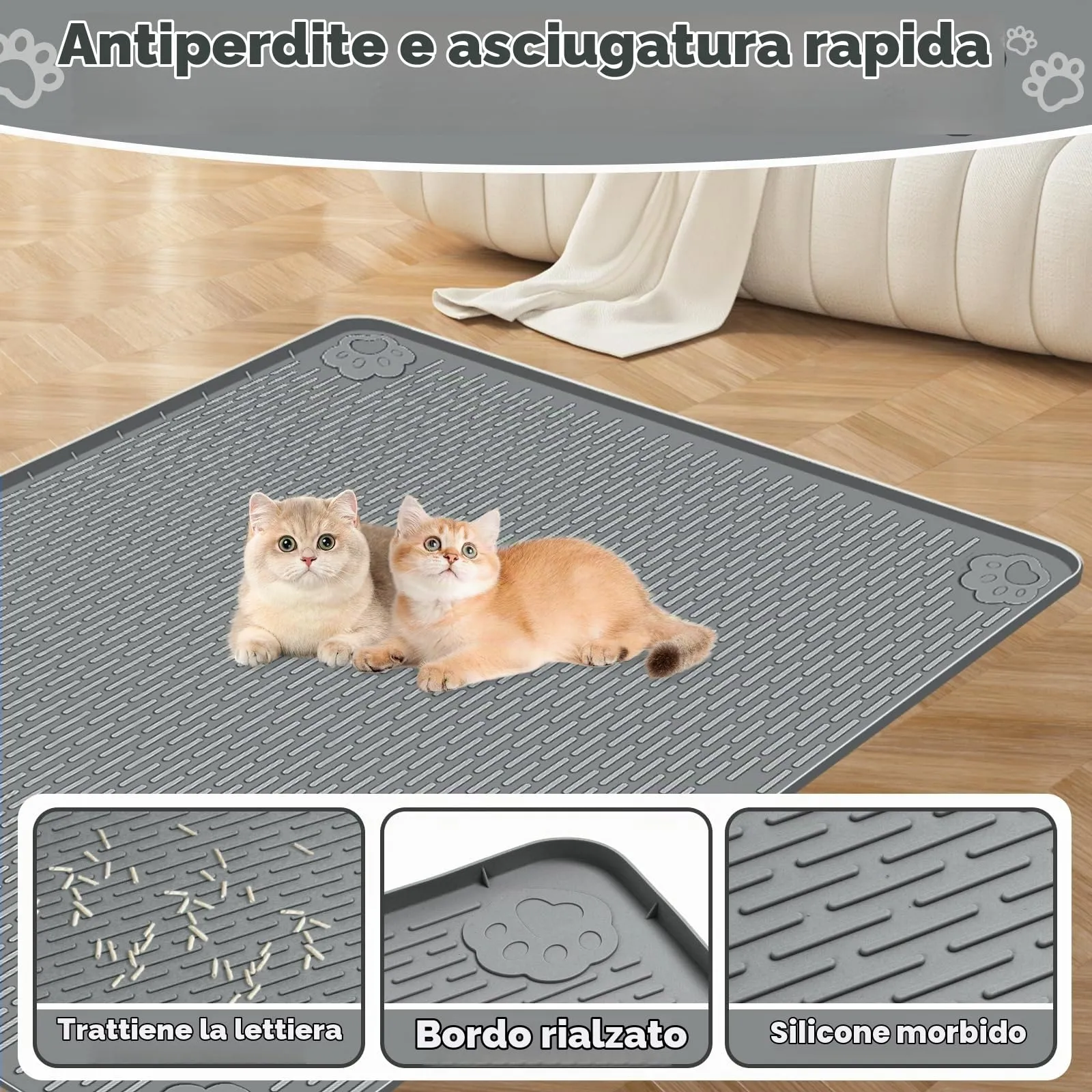 Bartuke Tappetino Lettiera Gatto, Tappetino per lettiera per Gatti in silicone extra large 40 "x 28" per il controllo a dispersione, morbido su zampe di gattino, facile da pulire (Grigio scuro) - immagine 4