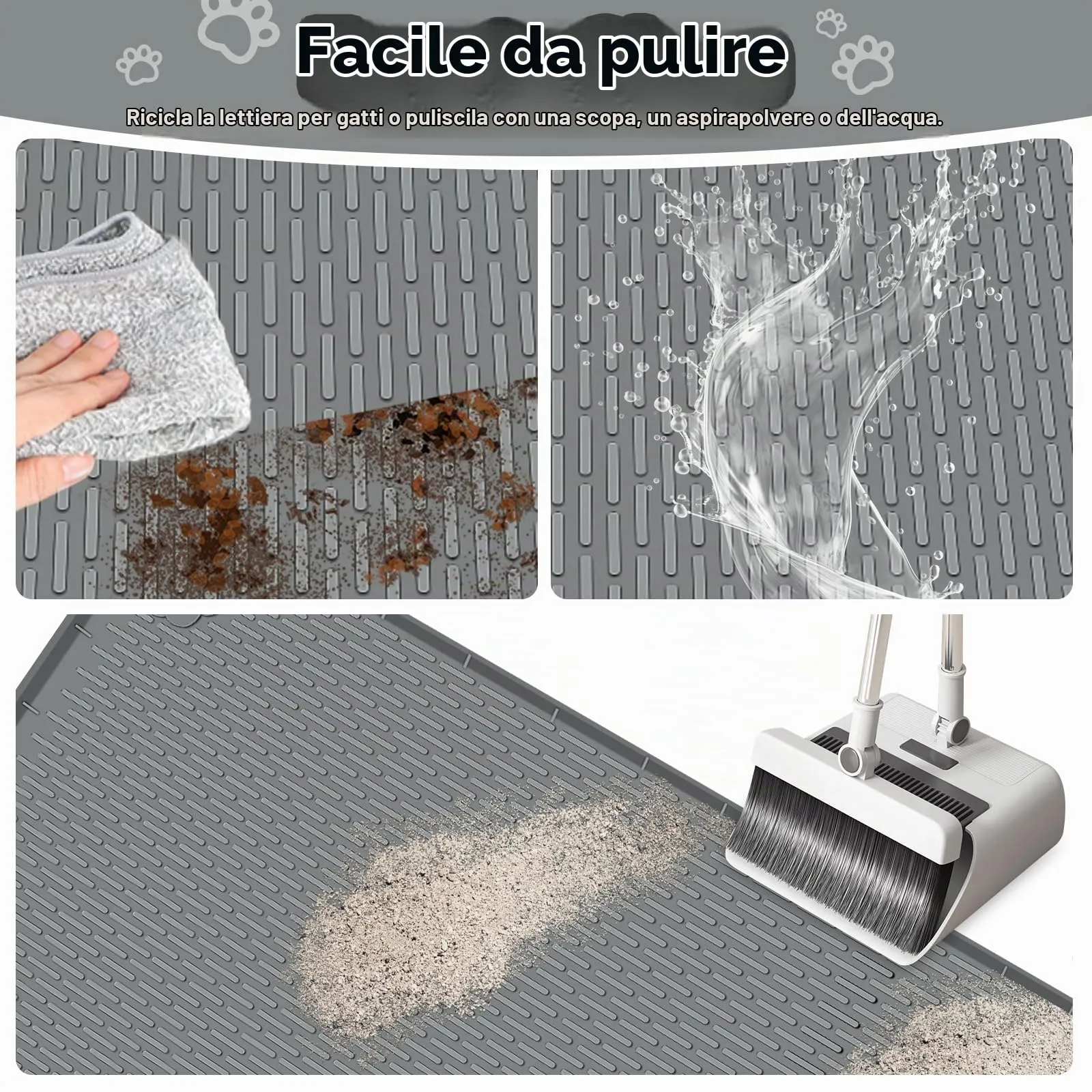 Bartuke Tappetino Lettiera Gatto, Tappetino per lettiera per Gatti in silicone extra large 40 "x 28" per il controllo a dispersione, morbido su zampe di gattino, facile da pulire (Grigio scuro) - immagine 5