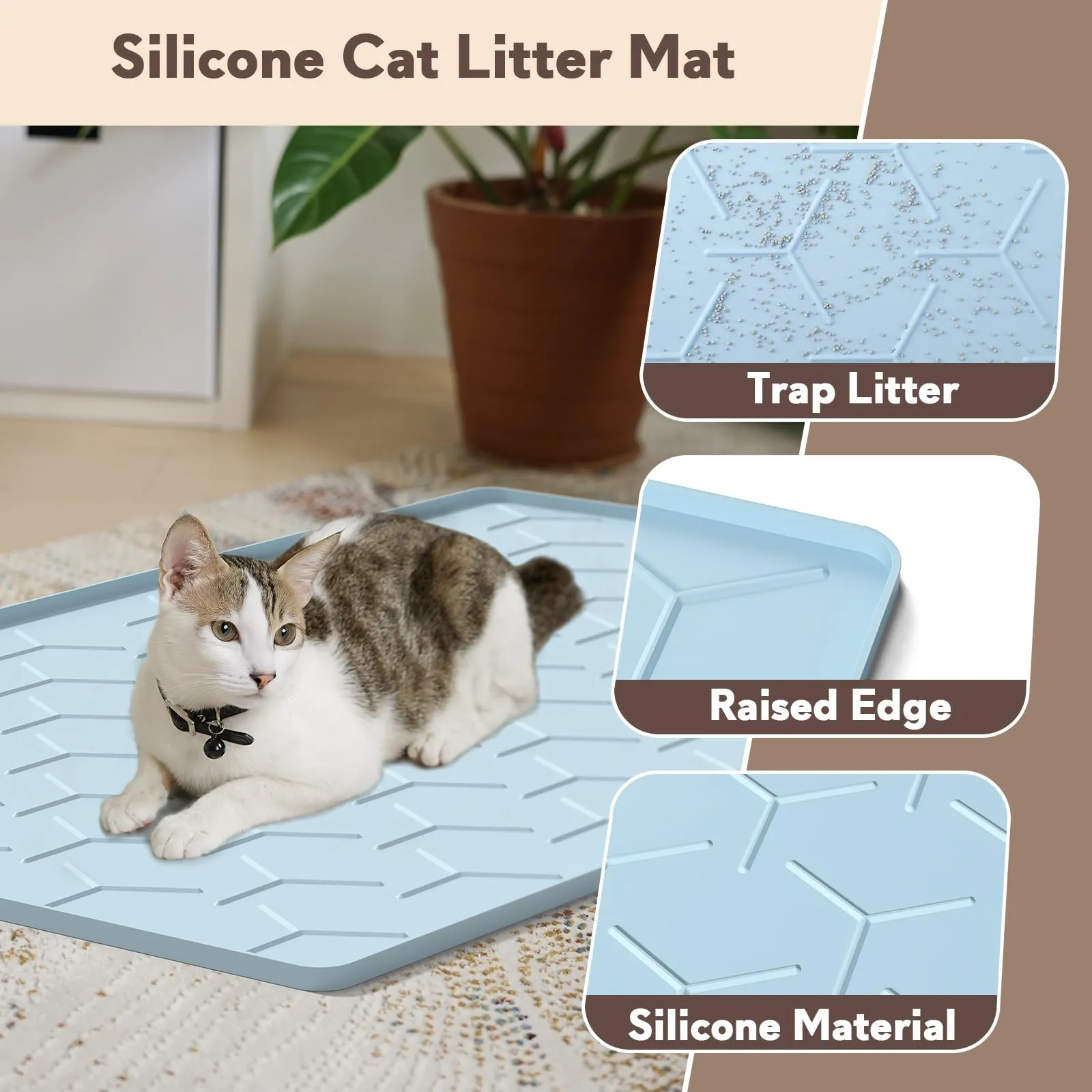Garoopion Tappetino Lettiera Gatto Silicone, Grande 86x56cm, Blu - immagine 3