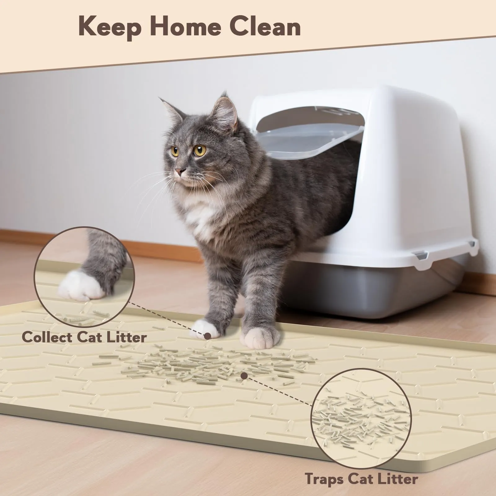 Garoopion Tappetino Lettiera Gatto Silicone, Grande 86x56cm, Beige - immagine 2