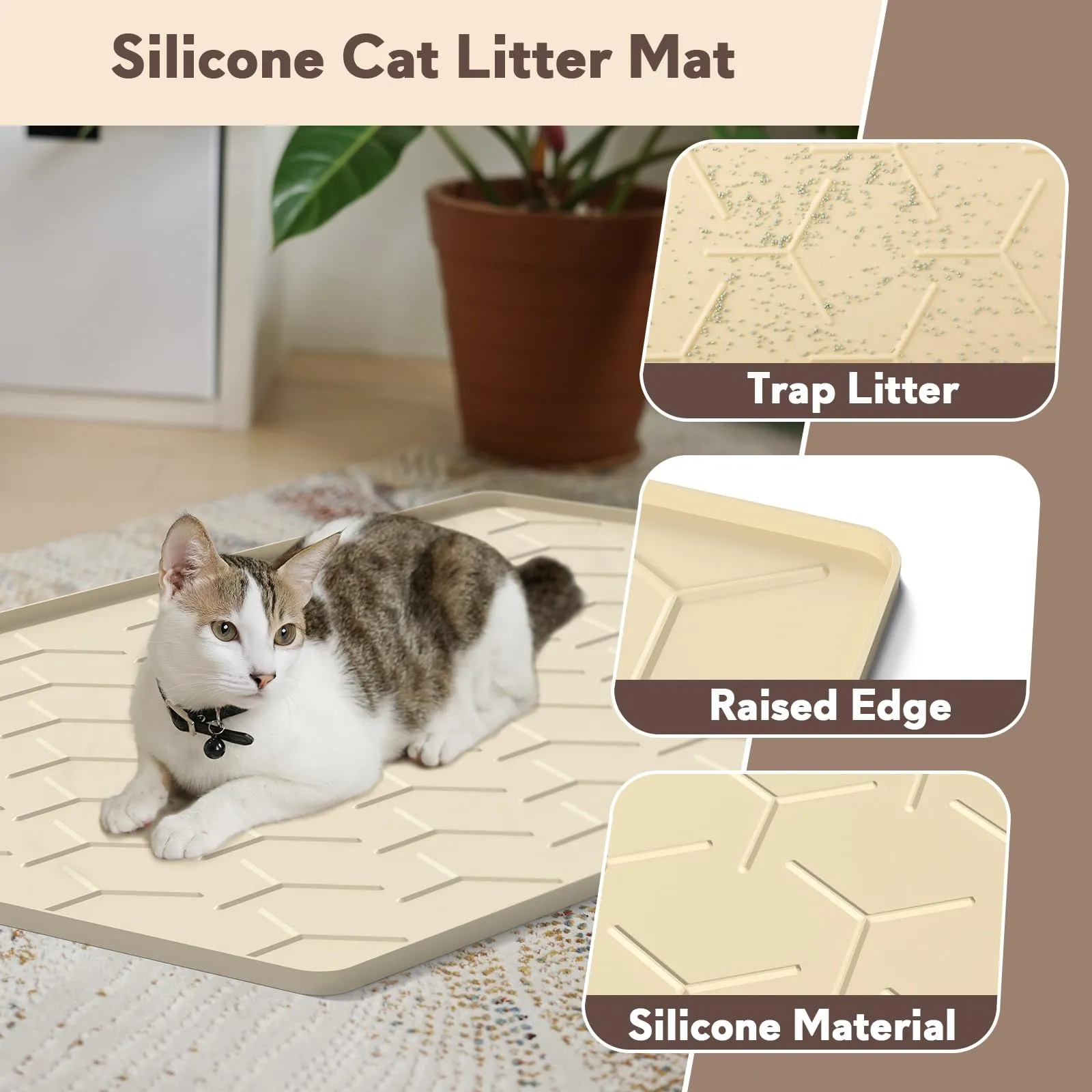 Garoopion Tappetino Lettiera Gatto Silicone, Grande 86x56cm, Beige - immagine 3