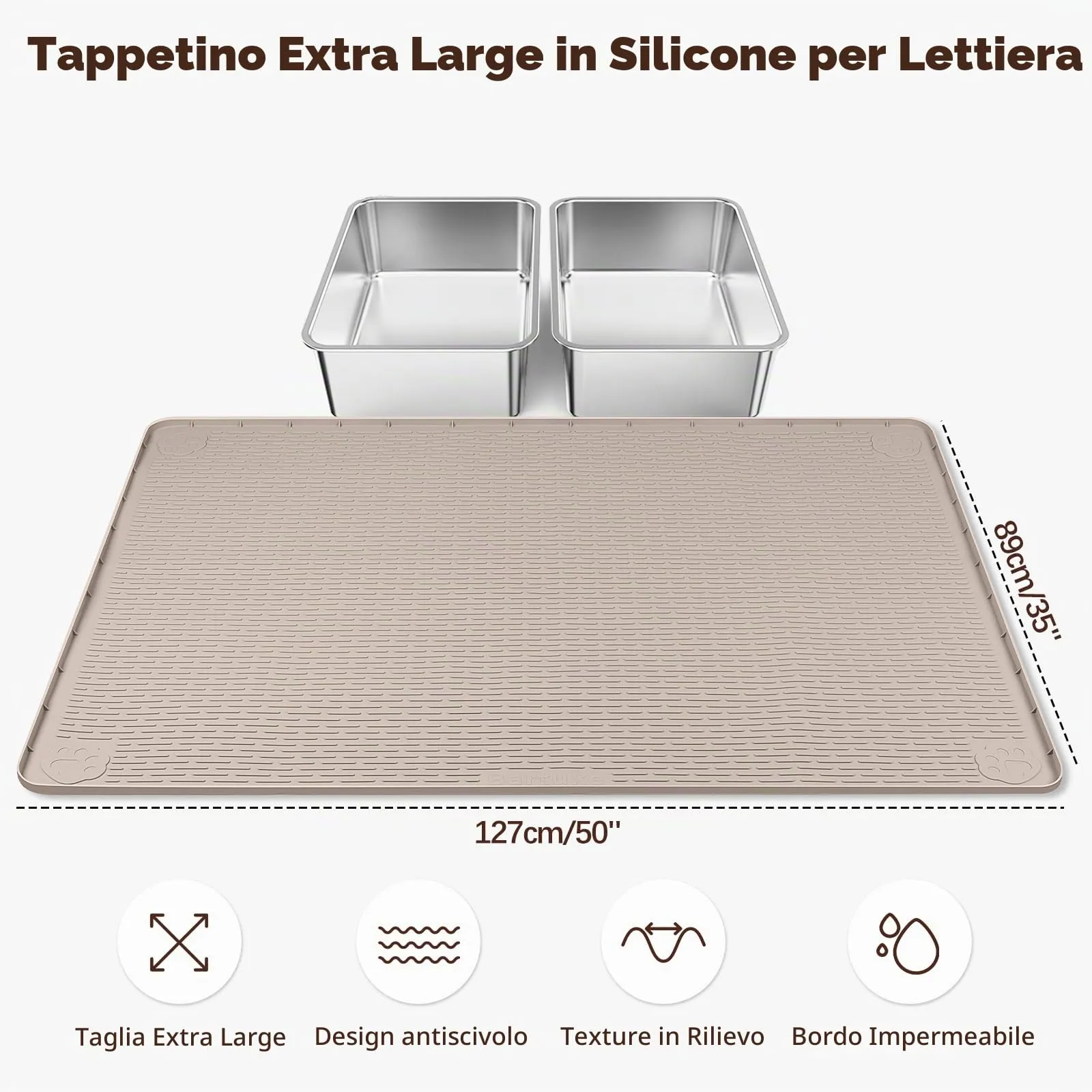 Bartuke Tappetino per lettiere per gatti, XXL Extra Large 50“ x 35” Tappetino in silicone per il controllo della dispersione della lettiera, morbido sulle zampe del micio, facile da pulire (Khaki) - immagine 2
