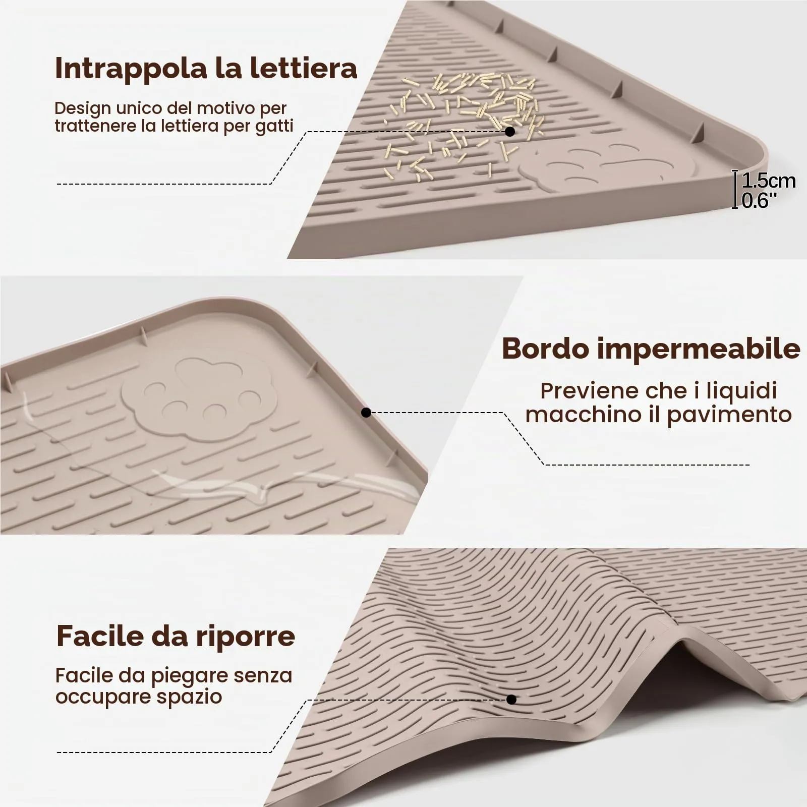 Bartuke Tappetino per lettiere per gatti, XXL Extra Large 50“ x 35” Tappetino in silicone per il controllo della dispersione della lettiera, morbido sulle zampe del micio, facile da pulire (Khaki) - immagine 3