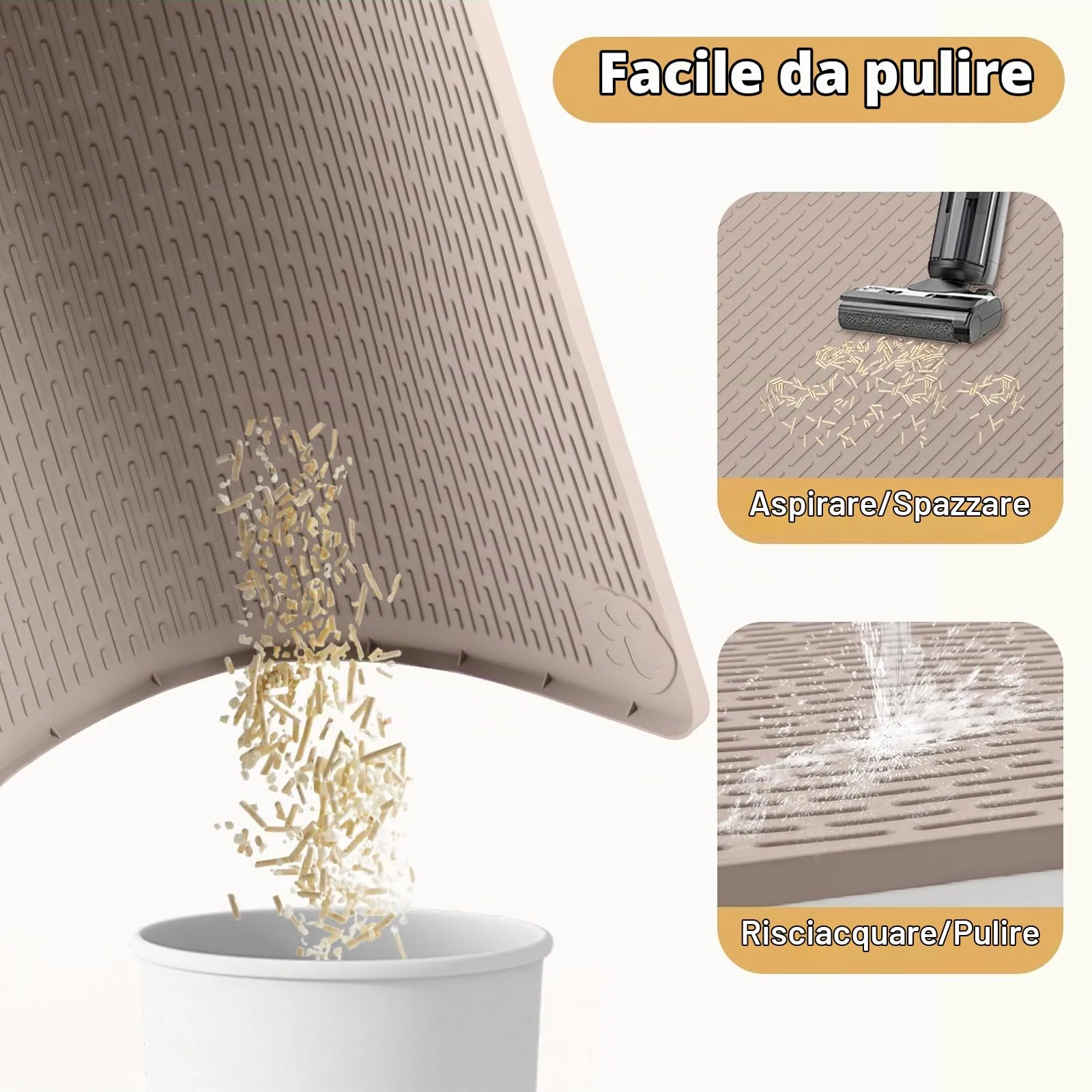 Bartuke Tappetino per lettiere per gatti, XXL Extra Large 50“ x 35” Tappetino in silicone per il controllo della dispersione della lettiera, morbido sulle zampe del micio, facile da pulire (Khaki) - immagine 6