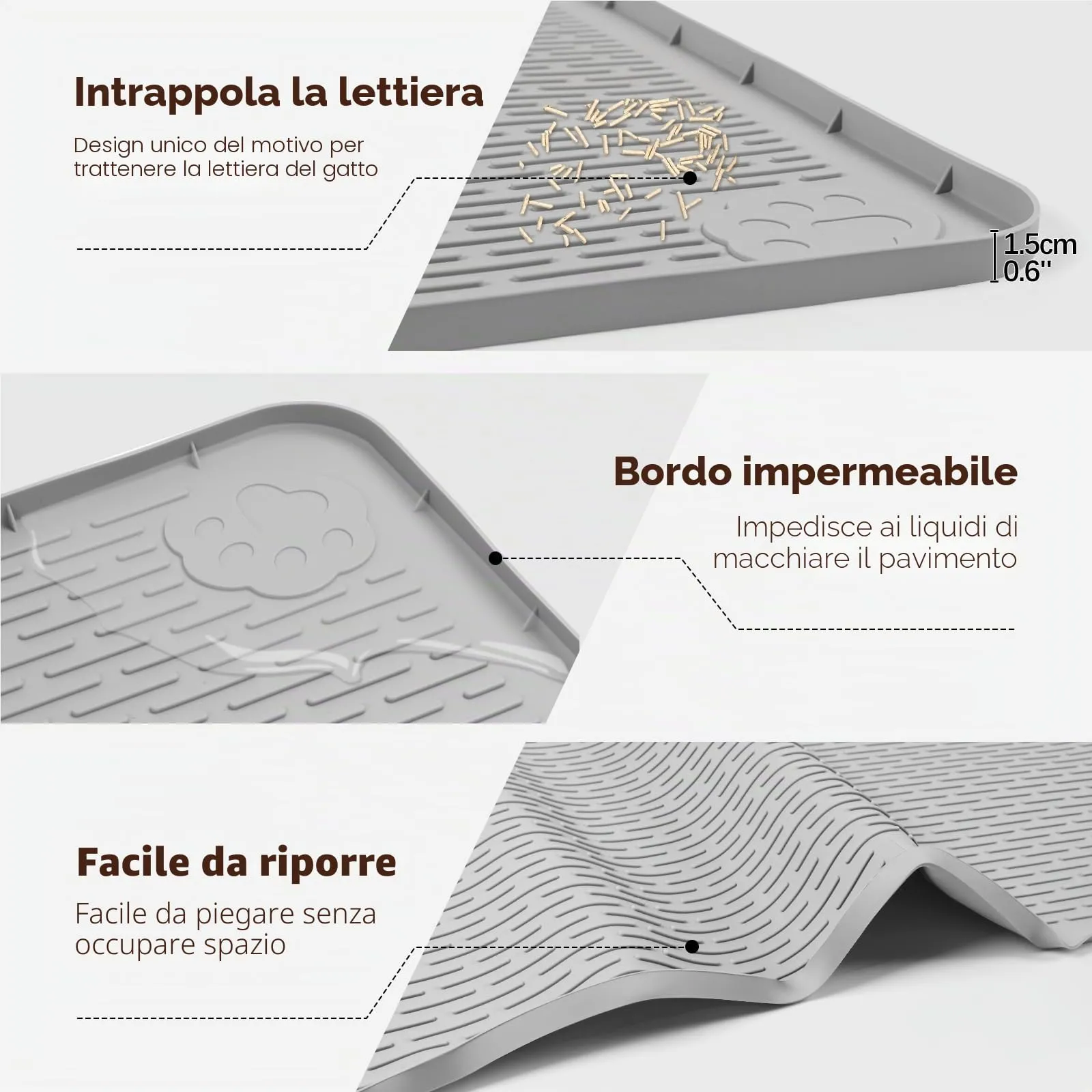 Bartuke Tappetino per lettiere per gatti, tappetino in silicone XXL Extra Large 50" x 35" per il controllo della dispersione, morbido per le zampe del gatto, facile da pulire (Grigio) - immagine 3