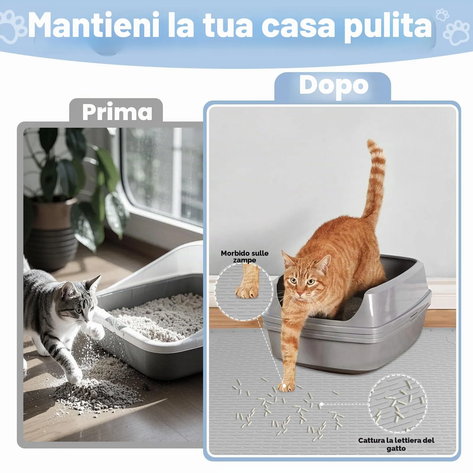 Bartuke Tappetino per lettiera per gatti in silicone 34 "x 22", per il controllo dello spargimento, morbido sulle zampe del gatto, facile da pulire (Grigio chiaro) - immagine 2