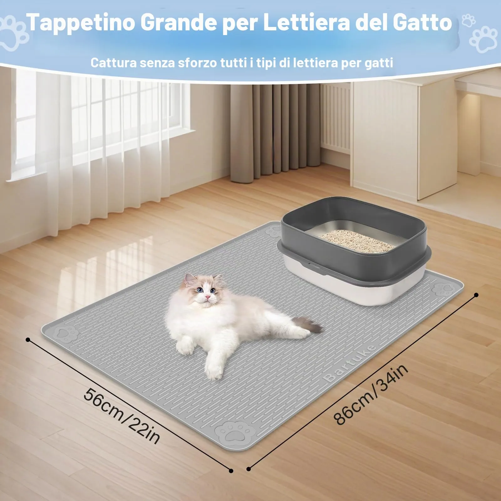 Bartuke Tappetino per lettiera per gatti in silicone 34 "x 22", per il controllo dello spargimento, morbido sulle zampe del gatto, facile da pulire (Grigio chiaro) - immagine 4