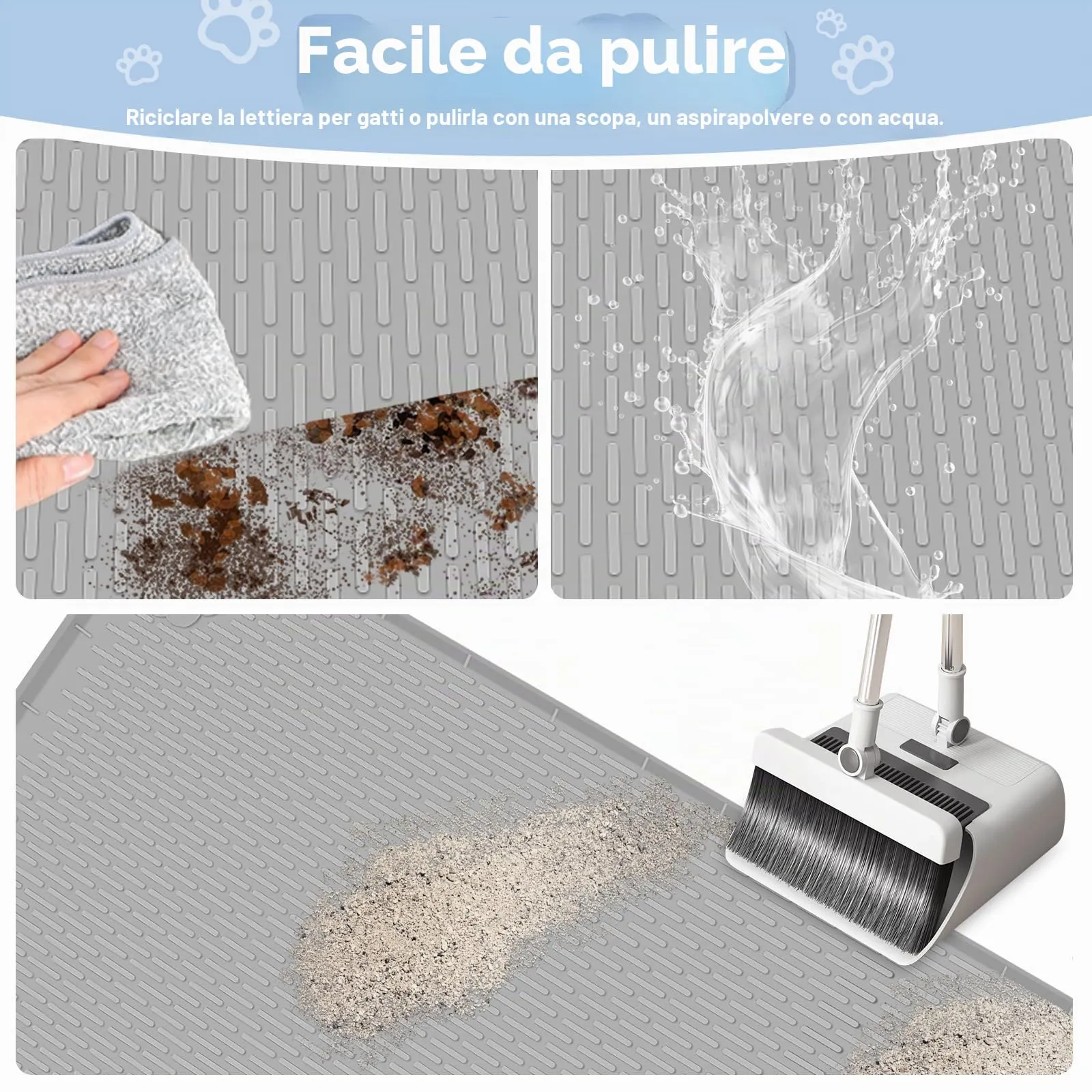 Bartuke Tappetino per lettiera per gatti in silicone 34 "x 22", per il controllo dello spargimento, morbido sulle zampe del gatto, facile da pulire (Grigio chiaro) - immagine 5