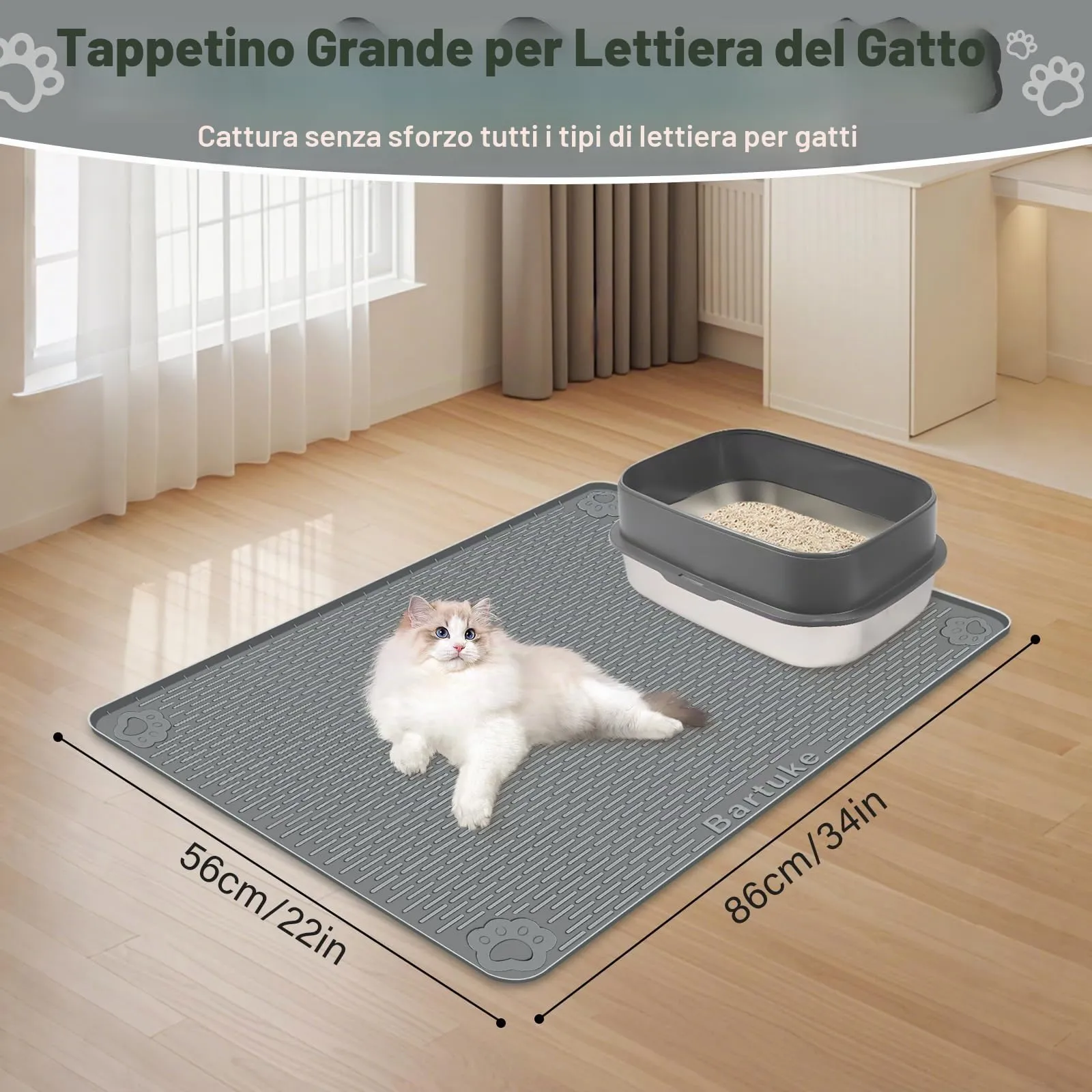 Bartuke Tappetino per lettiera per gatti in silicone 34 "x 22", per controllo della dispersione, morbido per zampe di gatto, facile da pulire (Grigio scuro) - immagine 4