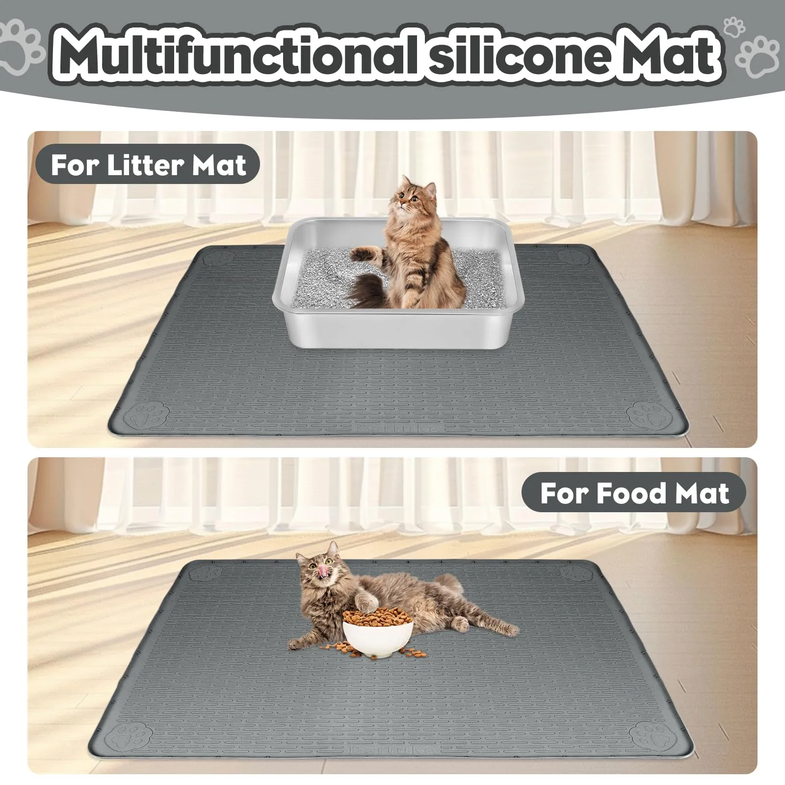 Bartuke Tappetino per lettiera per gatti in silicone 34 "x 22", per controllo della dispersione, morbido per zampe di gatto, facile da pulire (Grigio scuro) - immagine 6