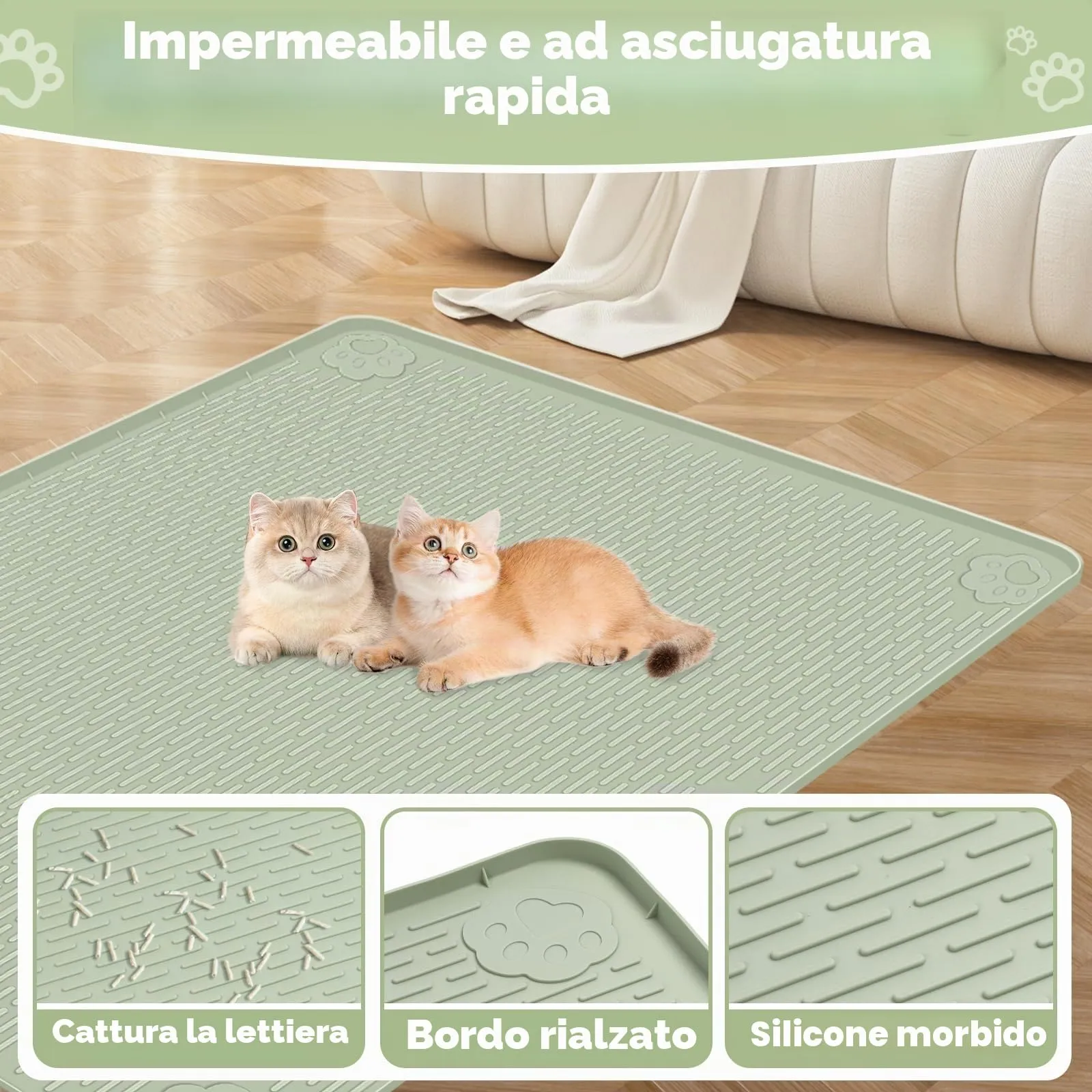 Bartuke Tappetino per lettiera per gatti in silicone 34 "x 22", per controllo della dispersione, morbido per zampe di gatto, facile da pulire (Verde) - immagine 3