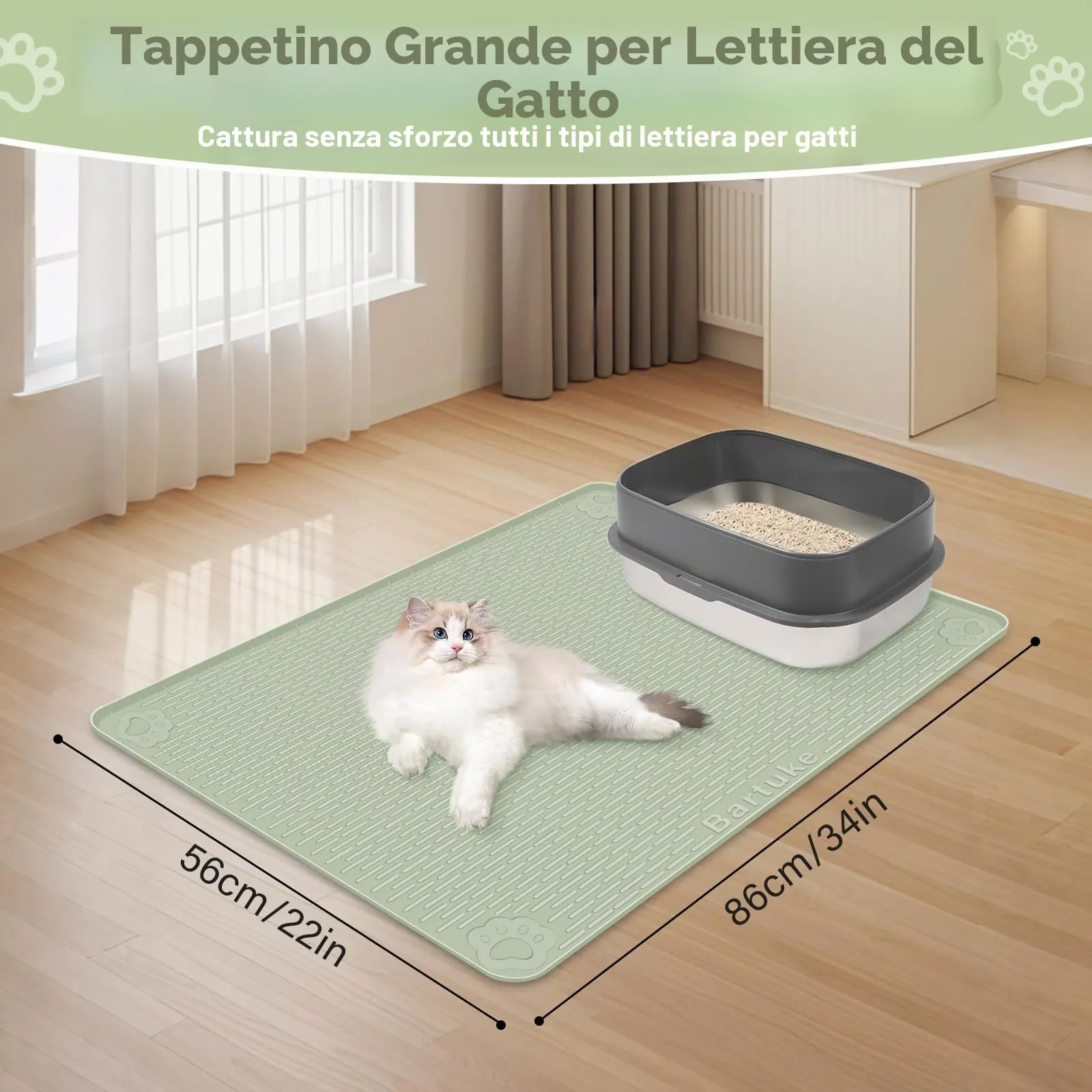 Bartuke Tappetino per lettiera per gatti in silicone 34 "x 22", per controllo della dispersione, morbido per zampe di gatto, facile da pulire (Verde) - immagine 4