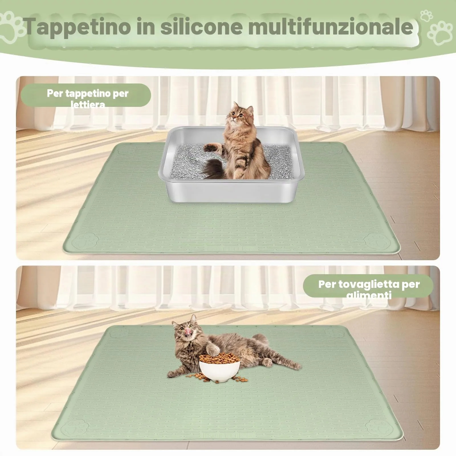 Bartuke Tappetino per lettiera per gatti in silicone 34 "x 22", per controllo della dispersione, morbido per zampe di gatto, facile da pulire (Verde) - immagine 6