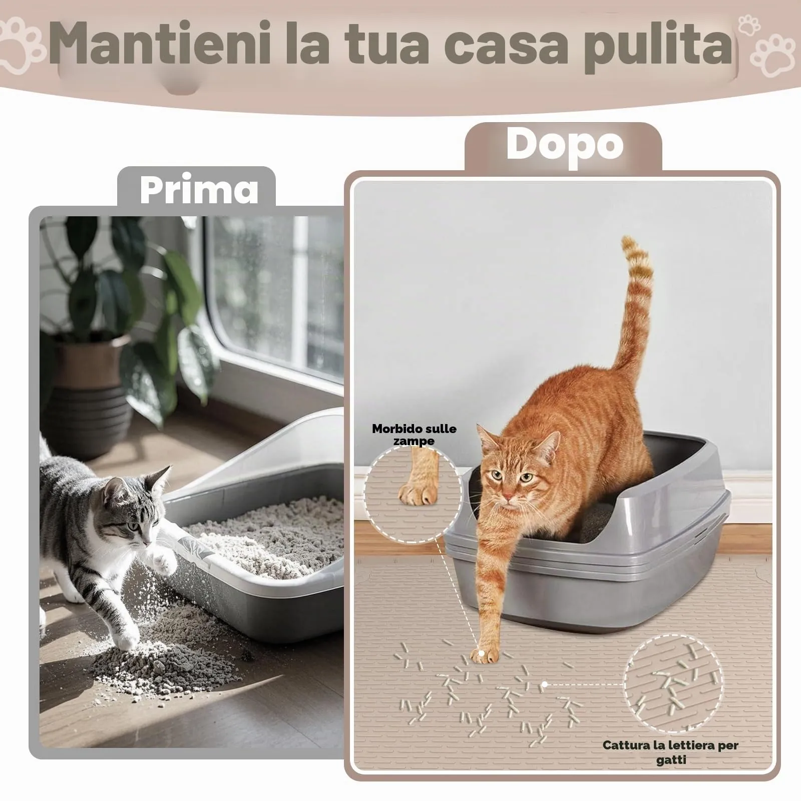 Bartuke Tappetino per lettiera per gatti in silicone 34 "x 22", per controllo della dispersione, morbido per zampe di gatto, facile da pulire (Khaki) - immagine 2