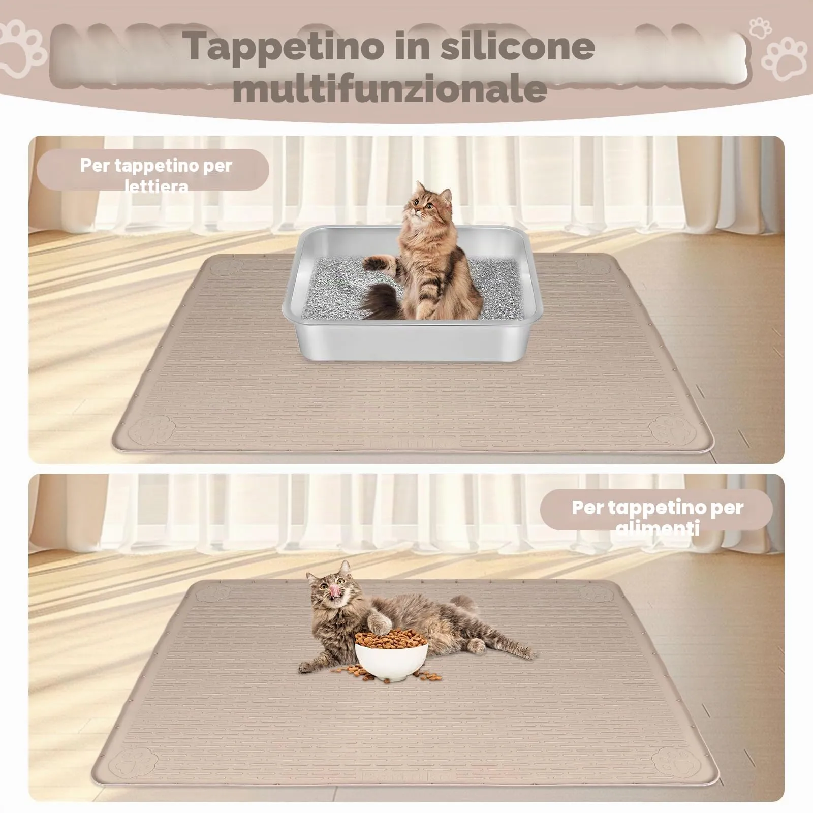 Bartuke Tappetino per lettiera per gatti in silicone 34 "x 22", per controllo della dispersione, morbido per zampe di gatto, facile da pulire (Khaki) - immagine 6