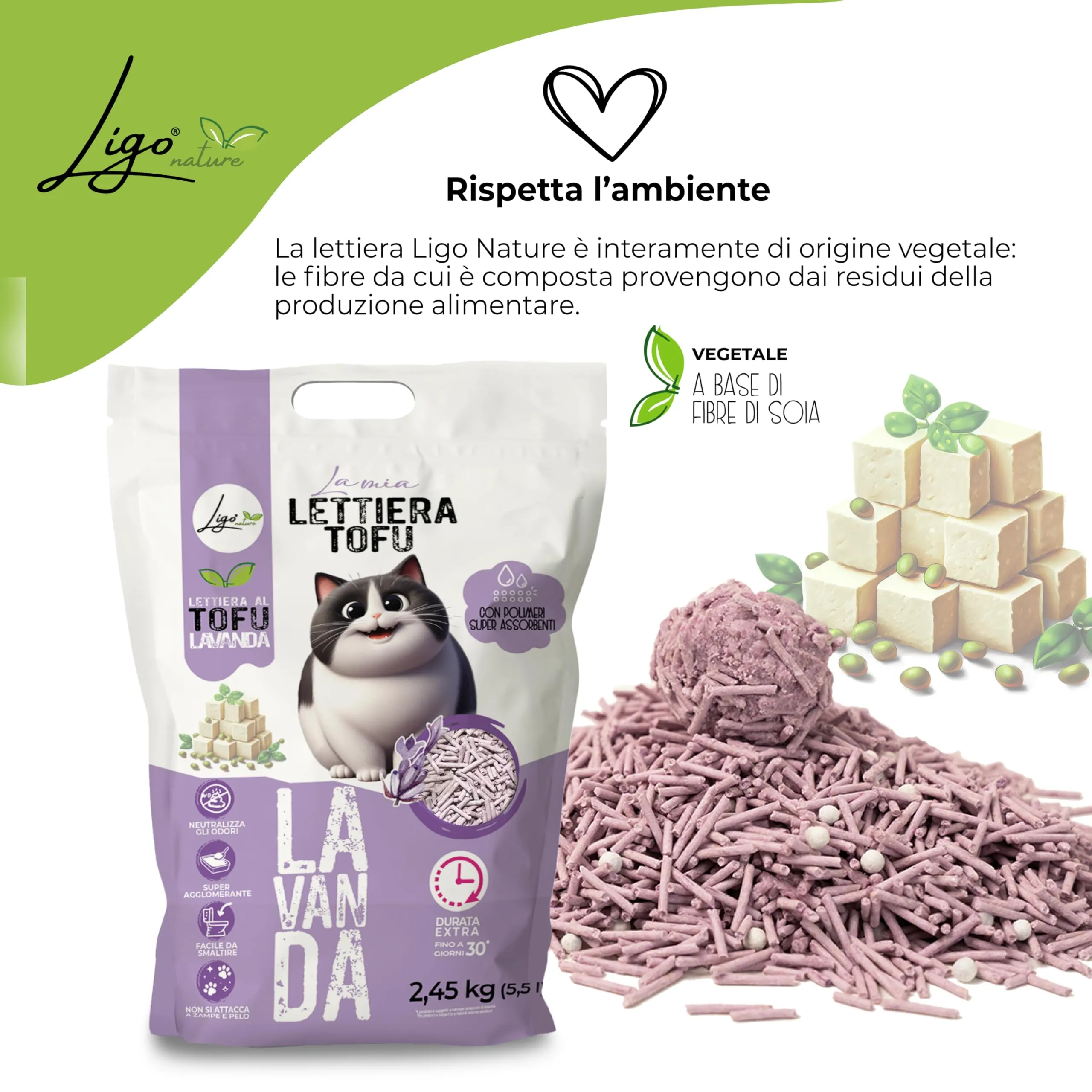 Ligo Nature Lettiera gatto TOFU |SUPER AGGLOMERANTE neutra|ecologica|ultra assorbente|assorbimento rapido|controllo degli odori| 1confezioni da 4,5kg (10 l, lavanda) - immagine 3