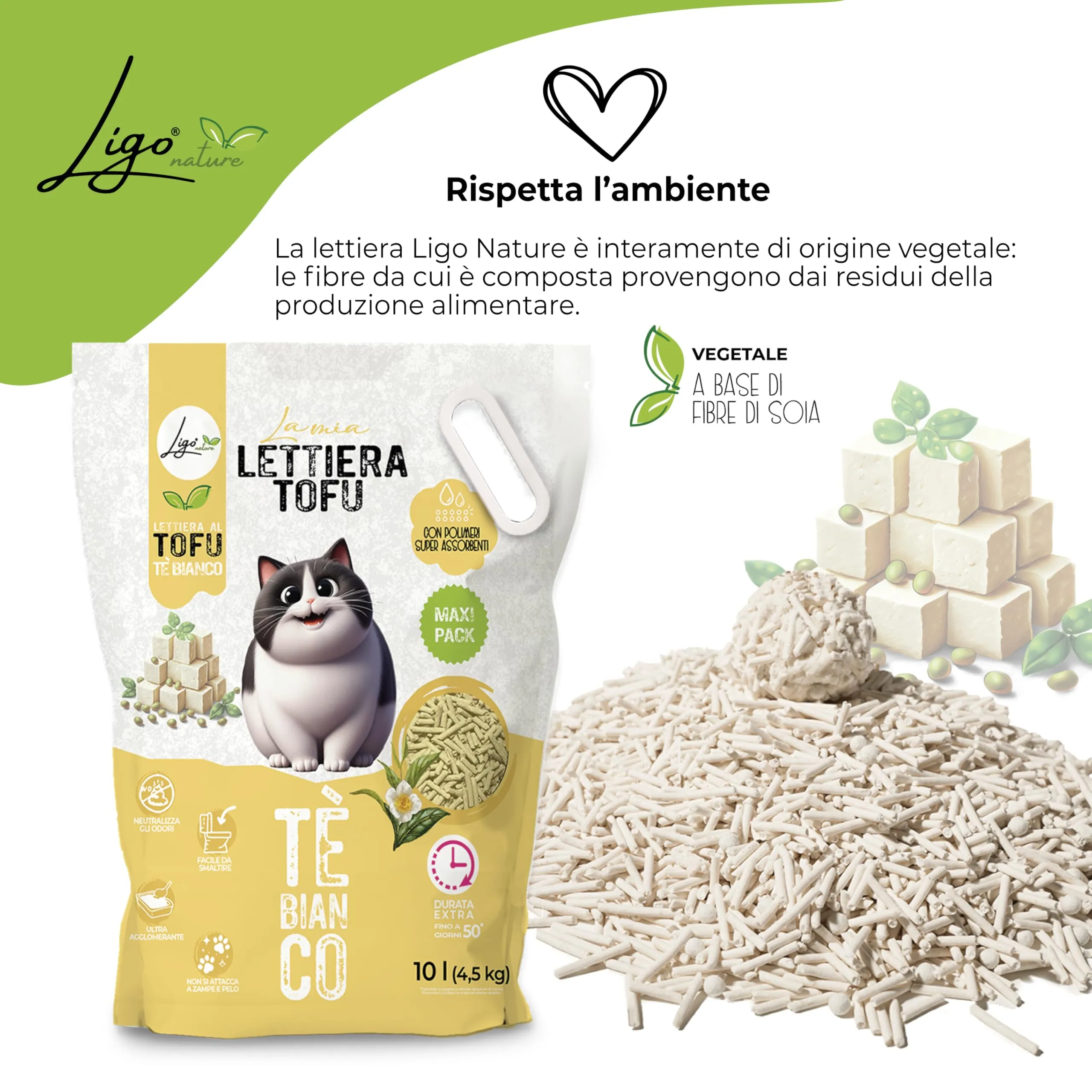 Ligo Nature|Lettiera gatto|La mia lettiera Tofu|profumazione tè bianco|ecologica|ultra assorbente|assorbimento rapido|10l - immagine 2