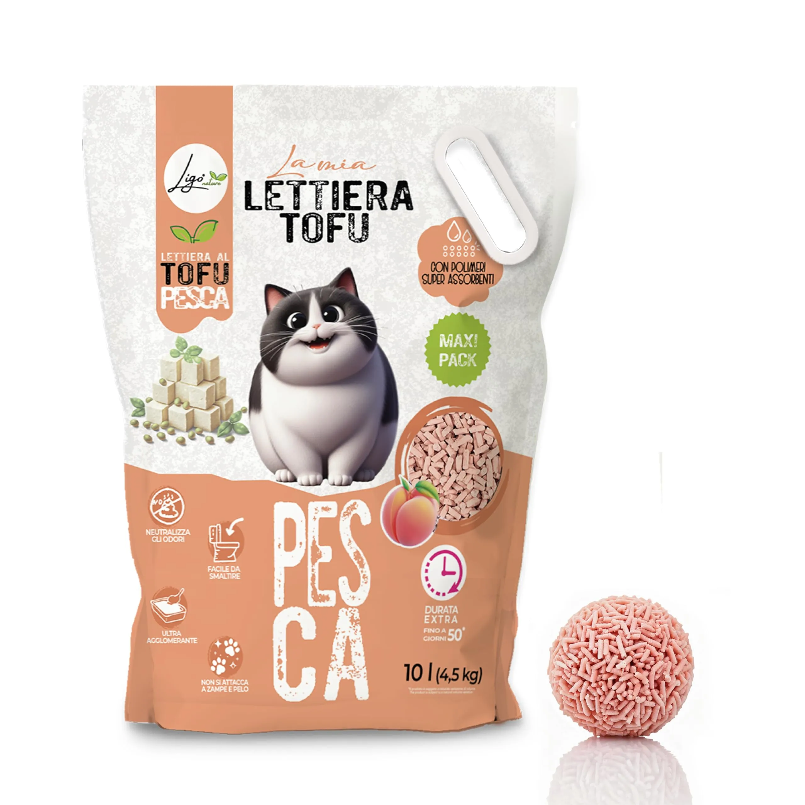 Ligo Nature Lettiera gatto |SUPER AGGLOMERANTE neutra|ecologica|ultra assorbente|assorbimento rapido|controllo degli odori| confezioni da 4,5 kg (10 l, pesca) - immagine 1