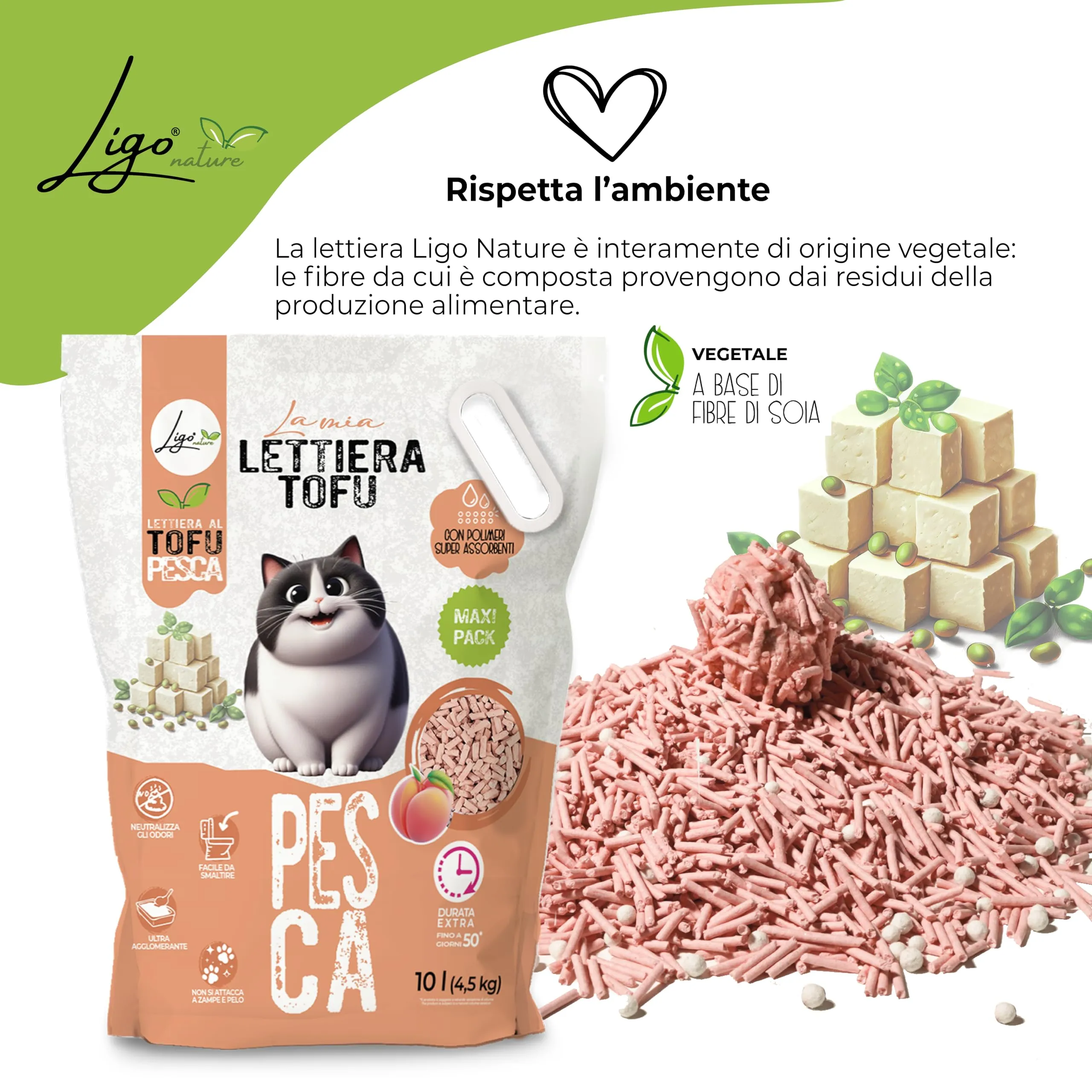 Ligo Nature Lettiera gatto |SUPER AGGLOMERANTE neutra|ecologica|ultra assorbente|assorbimento rapido|controllo degli odori| confezioni da 4,5 kg (10 l, pesca) - immagine 3