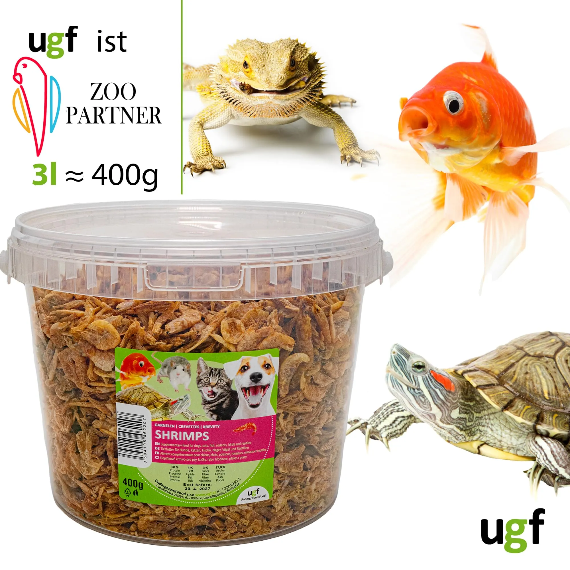 UGF - Gamberetti essiccati - 400 g in un secchio da 3 litri, Insetti gamberetti, Cibo per uccelli selvatici (tutto l'anno), Snack per cani, Cibo per tartarughe, roditori, lucertole, pesci - immagine 2