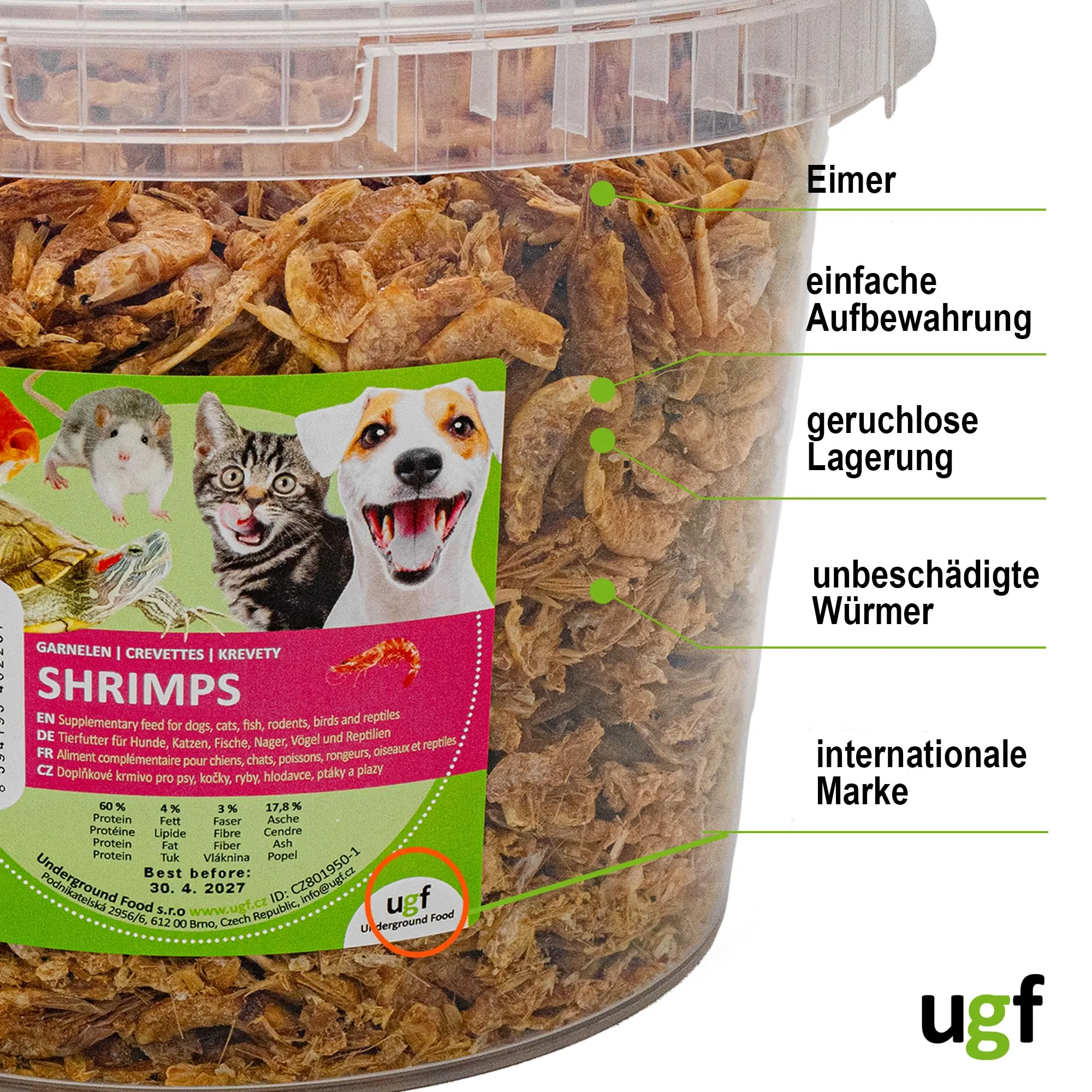 UGF - Gamberetti essiccati - 400 g in un secchio da 3 litri, Insetti gamberetti, Cibo per uccelli selvatici (tutto l'anno), Snack per cani, Cibo per tartarughe, roditori, lucertole, pesci - immagine 7