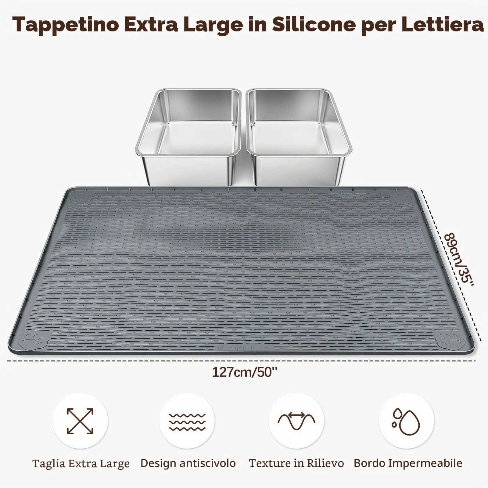 Bartuke Tappetino per lettiera per gatti, extra large, 127 x 89 cm, in silicone, per il controllo dello spargimento, morbido sulle zampe del gatto, facile da pulire (grigio scuro) - immagine 2