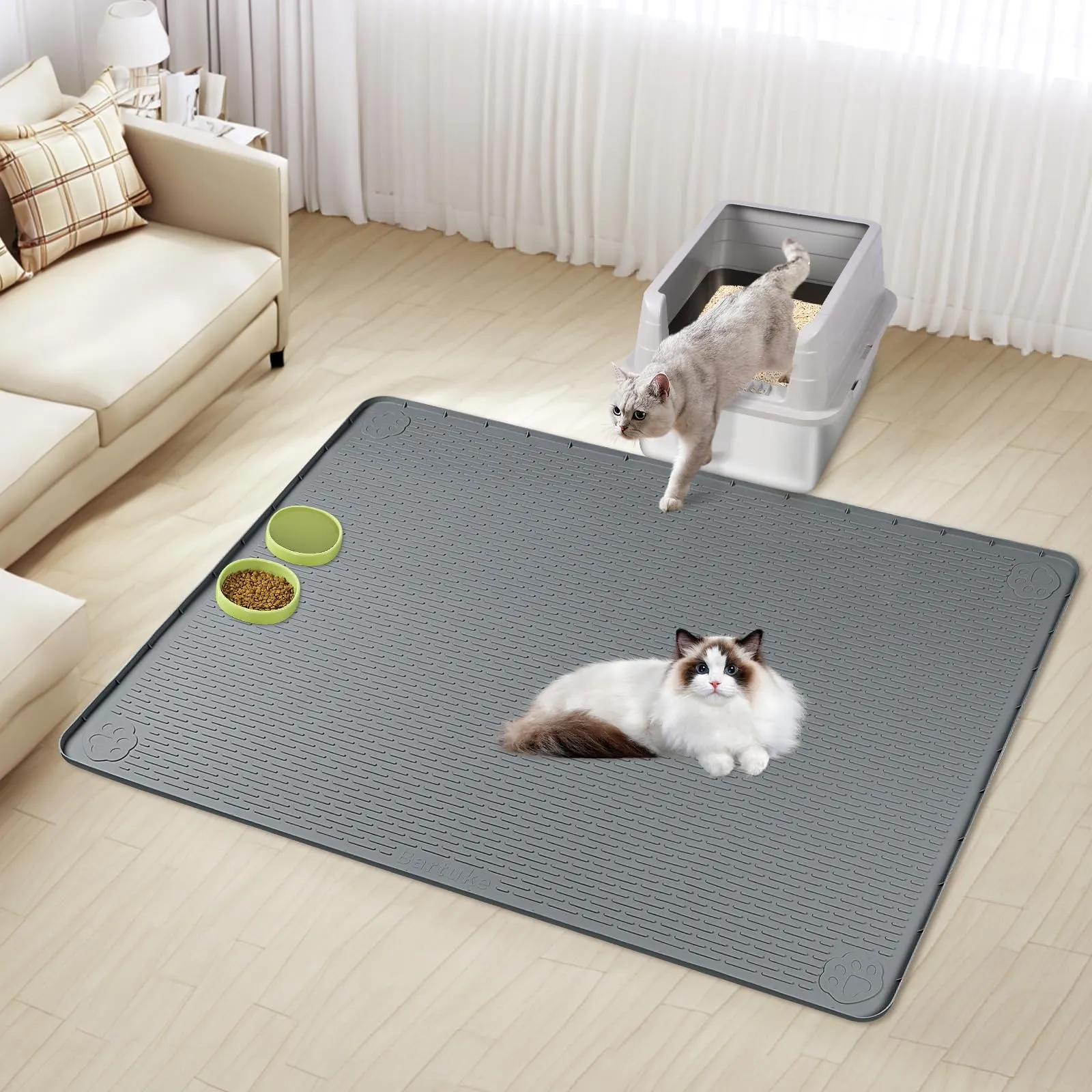 Bartuke Tappetino per lettiera per gatti, extra large, 127 x 89 cm, in silicone, per il controllo dello spargimento, morbido sulle zampe del gatto, facile da pulire (grigio scuro) - immagine 7
