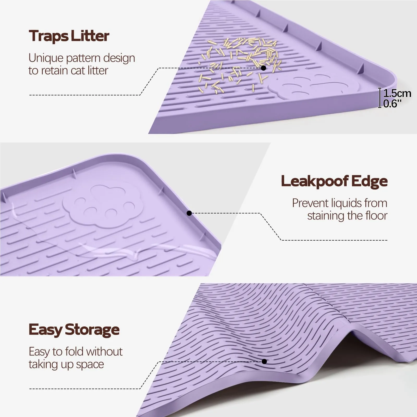 Bartuke Tappetino XXL per lettiera per gatti, extra grande, 127 x 89 cm, in silicone, per controllo della dispersione, morbido per zampe di gatto, facile da pulire (viola) - immagine 3