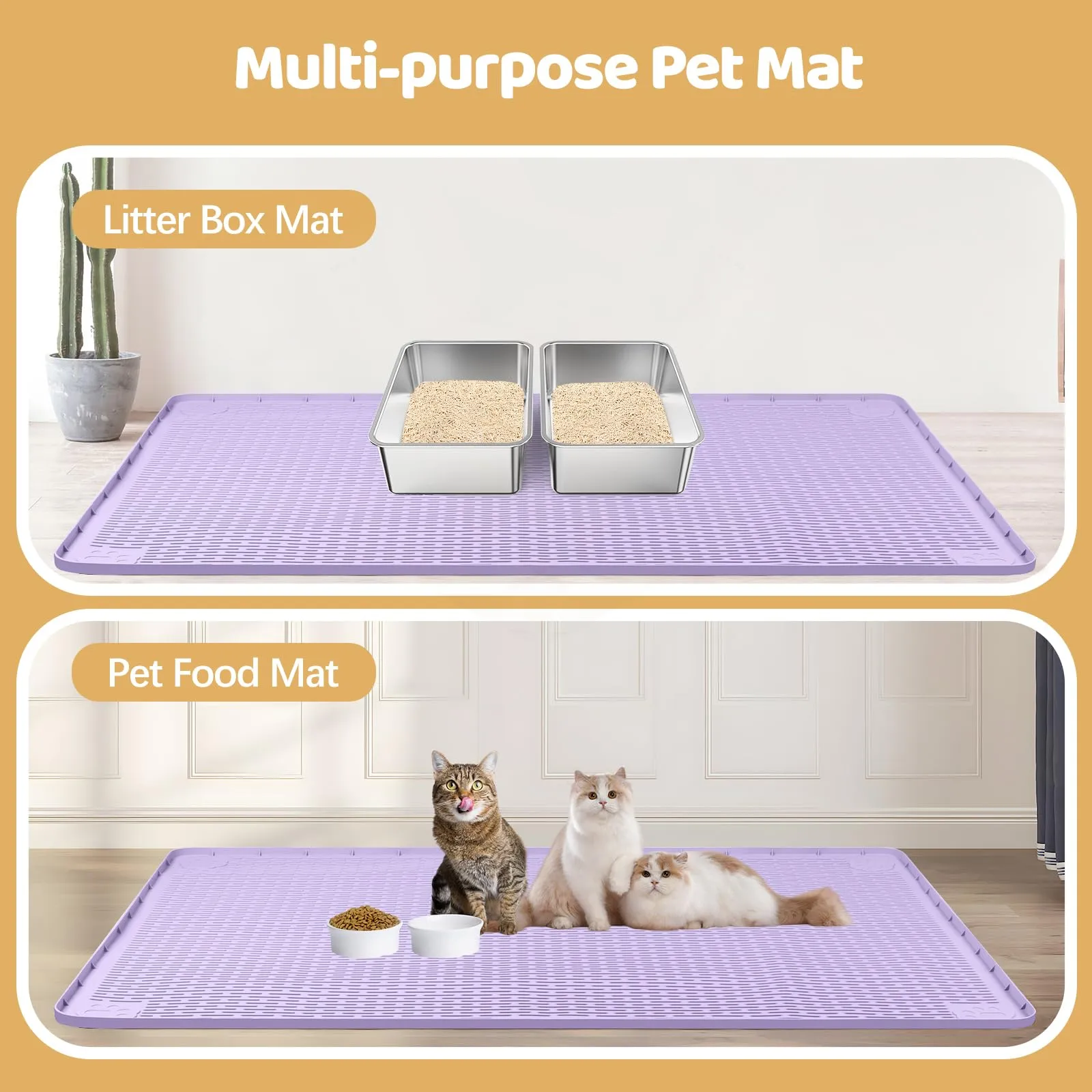 Bartuke Tappetino XXL per lettiera per gatti, extra grande, 127 x 89 cm, in silicone, per controllo della dispersione, morbido per zampe di gatto, facile da pulire (viola) - immagine 6