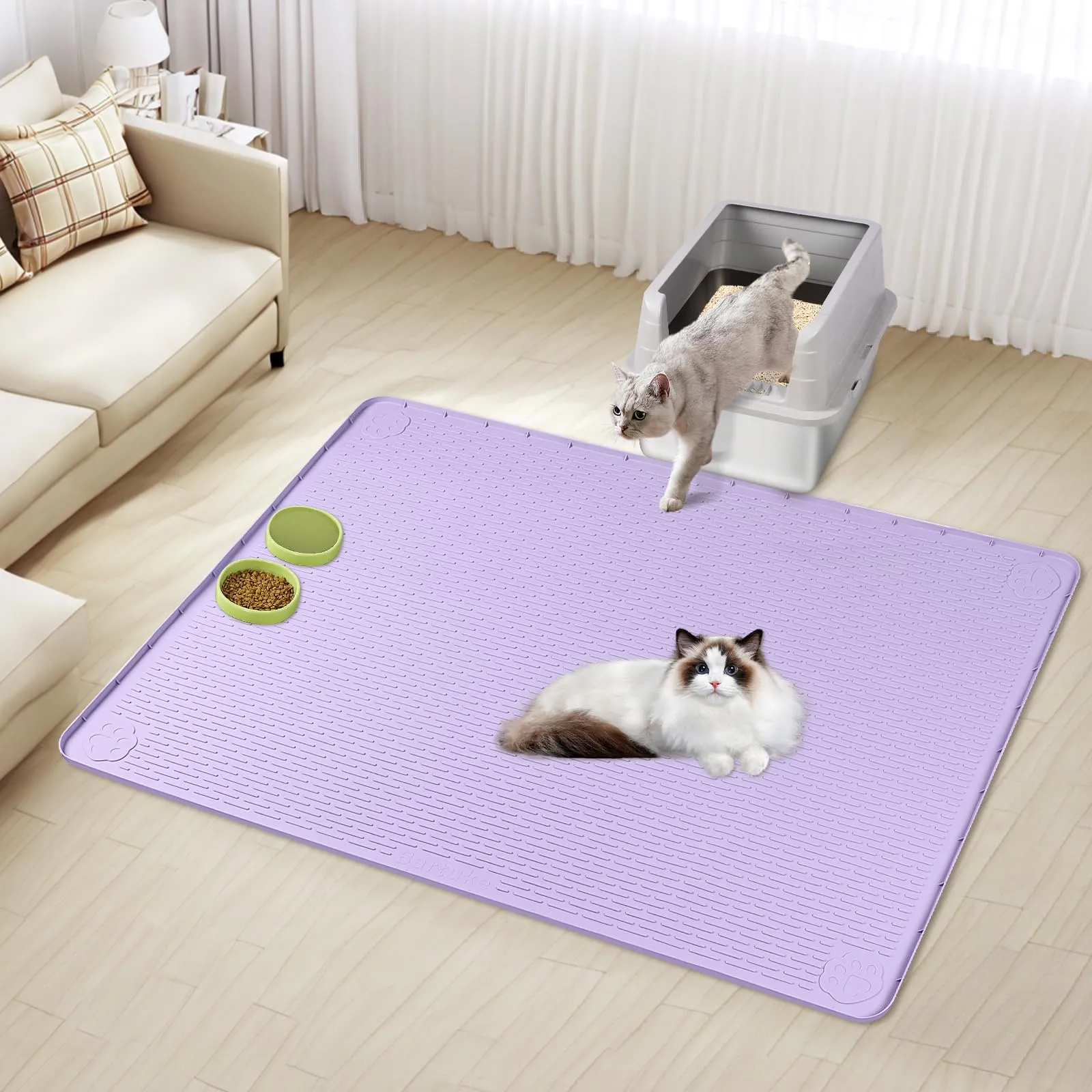 Bartuke Tappetino XXL per lettiera per gatti, extra grande, 127 x 89 cm, in silicone, per controllo della dispersione, morbido per zampe di gatto, facile da pulire (viola) - immagine 7