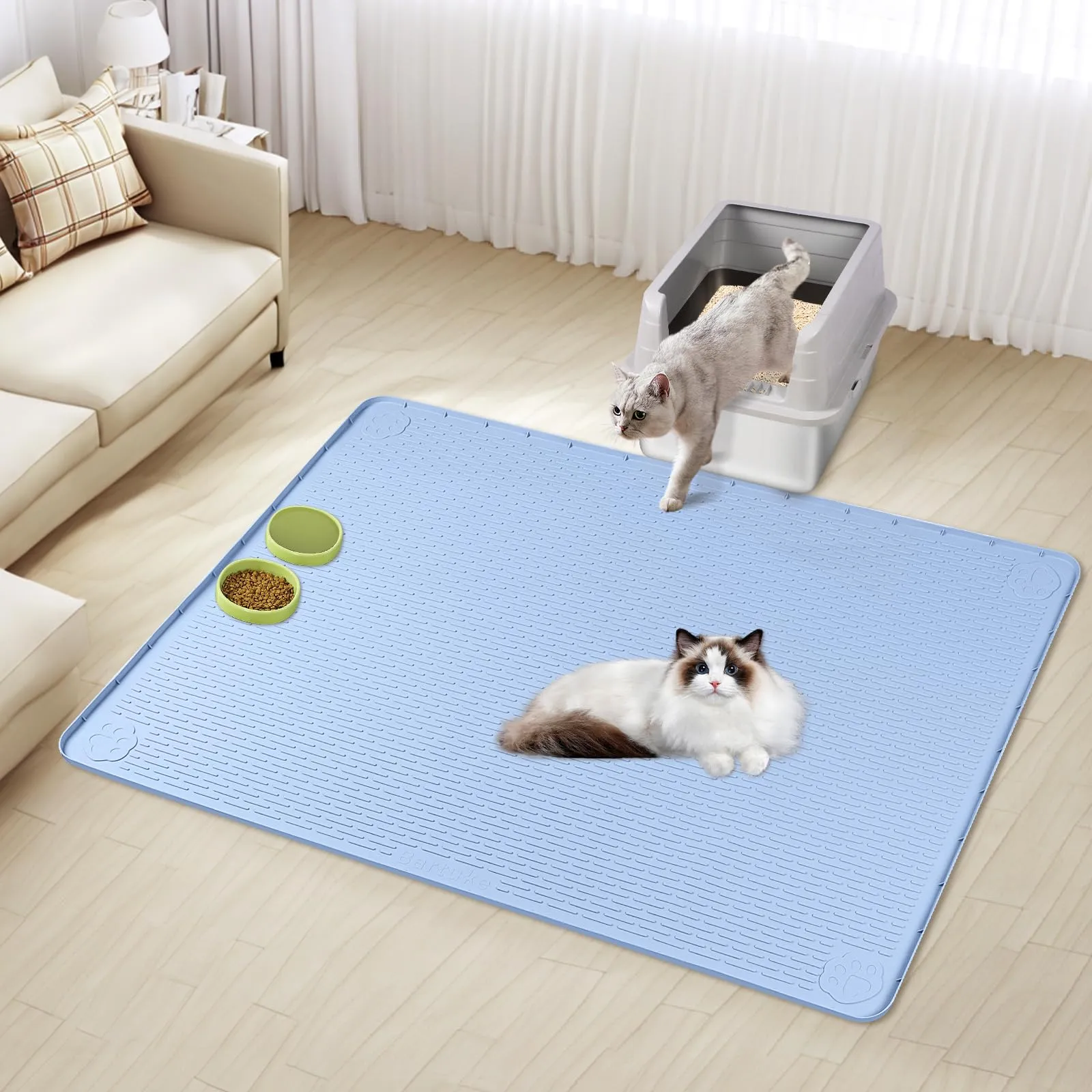 Bartuke Tappetino XXL per lettiera per gatti, extra grande, 127 x 89 cm, in silicone, per controllo della dispersione, morbido per zampe di gatto, facile da pulire (blu) - immagine 7