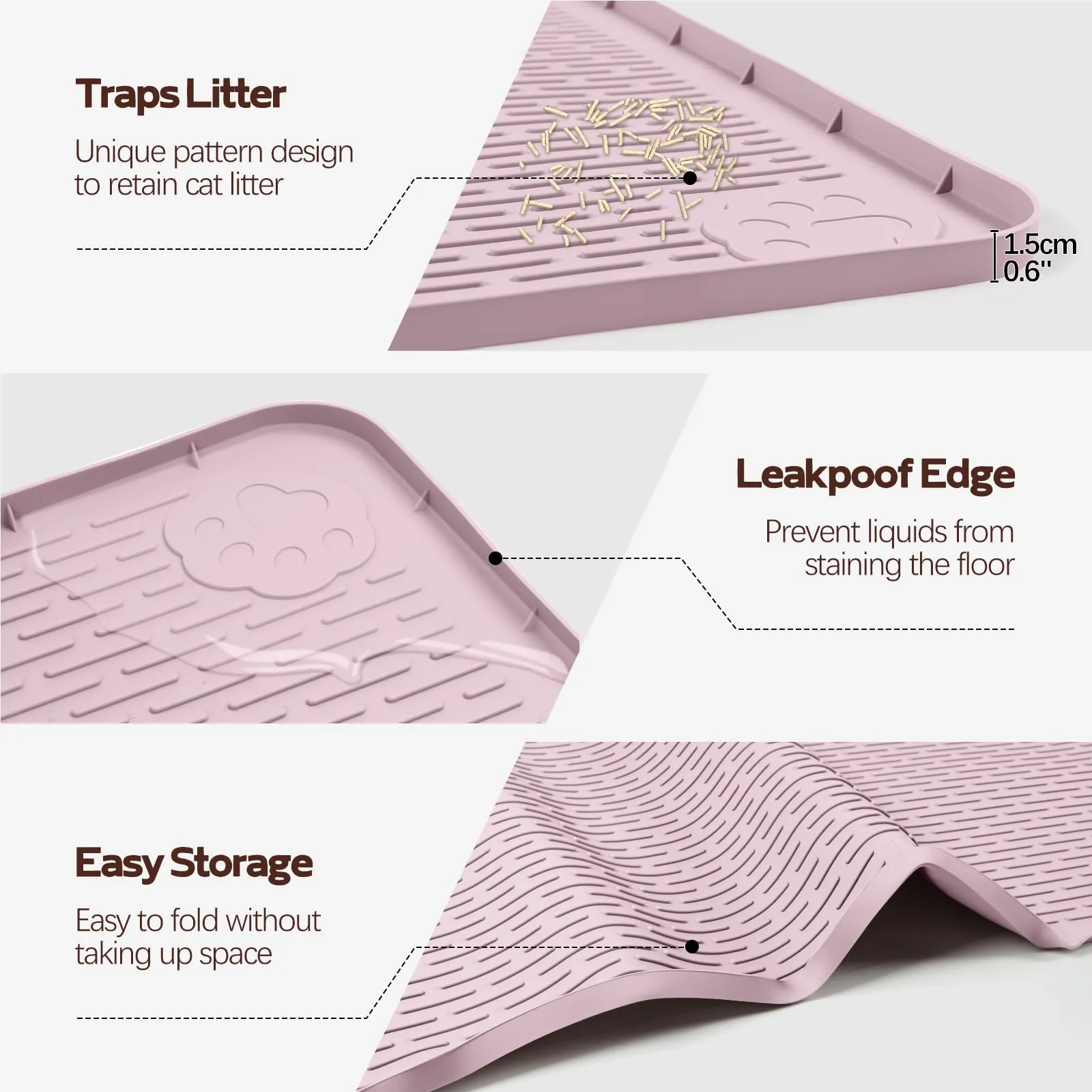 Bartuke Tappetino per lettiere per gatti, tappetino in silicone XXL Extra Large 127 x 89cm per il controllo della dispersione, morbido per le zampe del gatto, facile da pulire (Rosa) - immagine 3