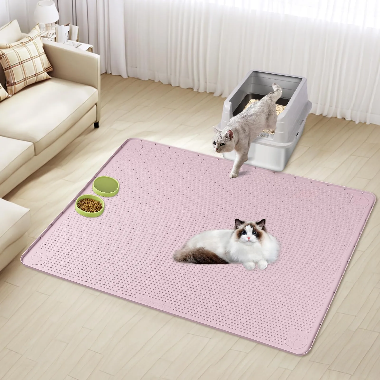 Bartuke Tappetino per lettiere per gatti, tappetino in silicone XXL Extra Large 127 x 89cm per il controllo della dispersione, morbido per le zampe del gatto, facile da pulire (Rosa) - immagine 7